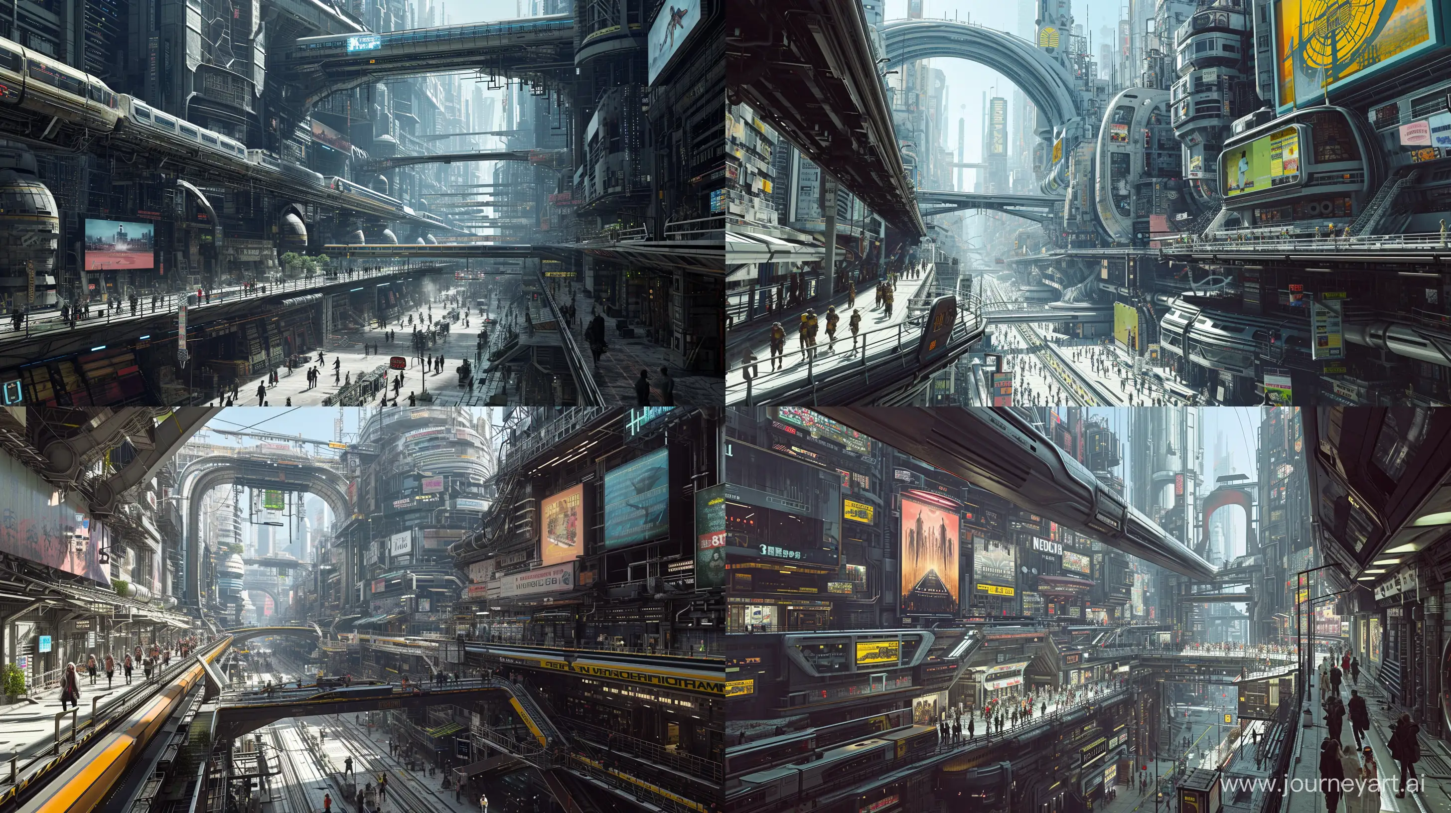 Neo Babylon cyberpunk metropolis, futuristic architecture, high density buildings, tunnels, monorail trains, elevated bridges, people everywhere walking elaborate catwalks, digital billboards, intricate details, highly detailed, ethereal environment, hyper-detailed architecture, photorealistic, octane render, unreal engine, in the style of Tsutomu Nihei and Steve McDonald, 8k --ar 16:9 --q 1 --v 6