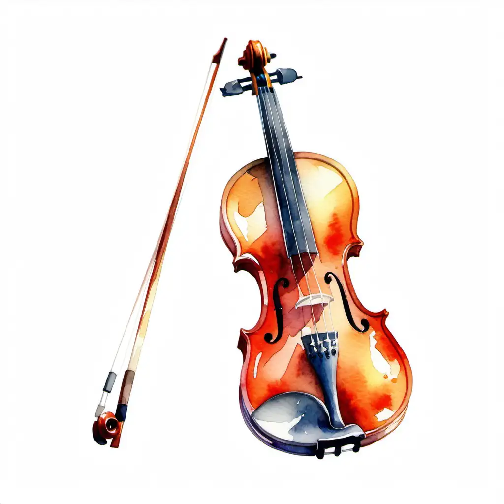 Elegant Violin and Bow in Watercolor Style on White Background