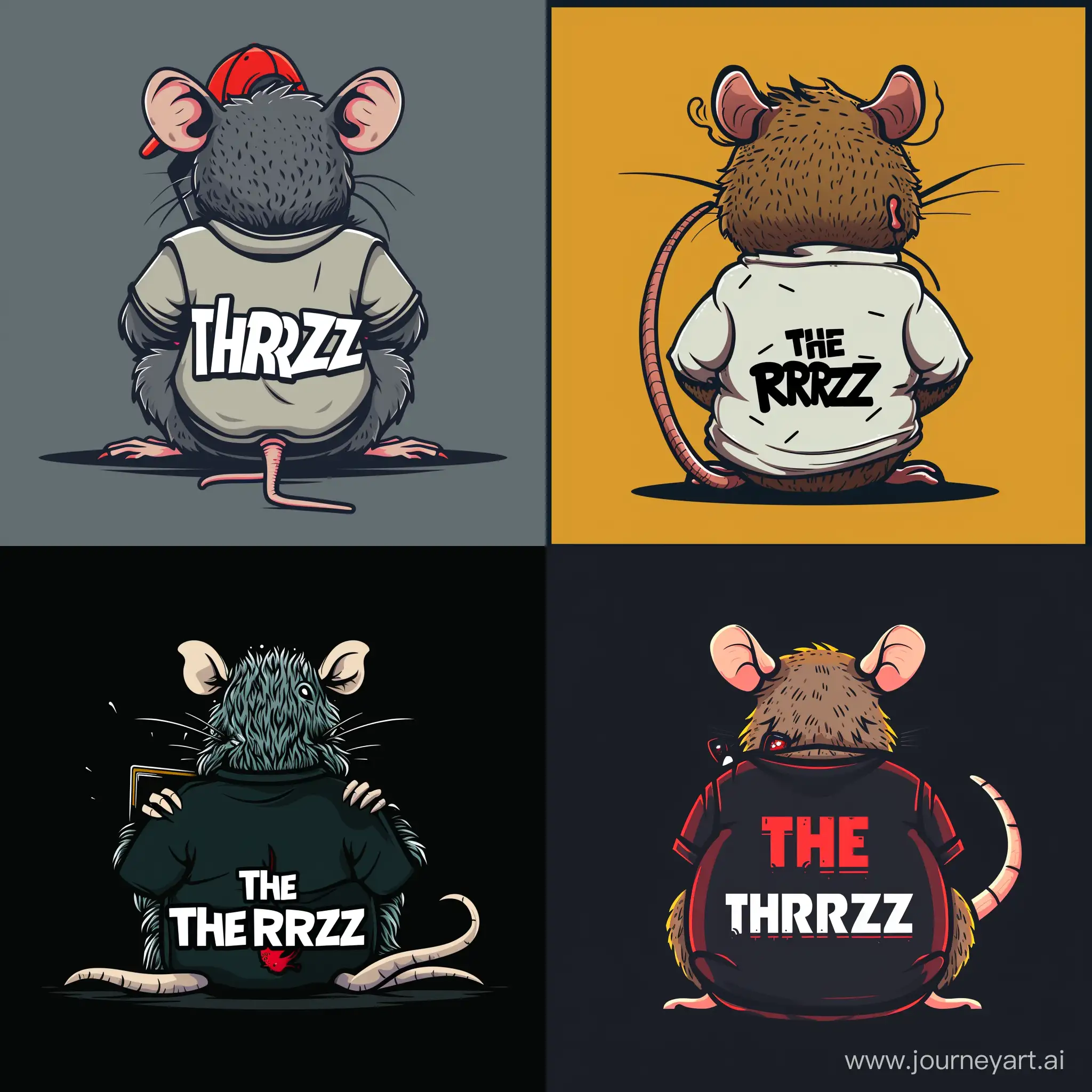 Generate me a logo where rat who is hacking with a t-shirt with the phrase TheRatz we see the rat from behind