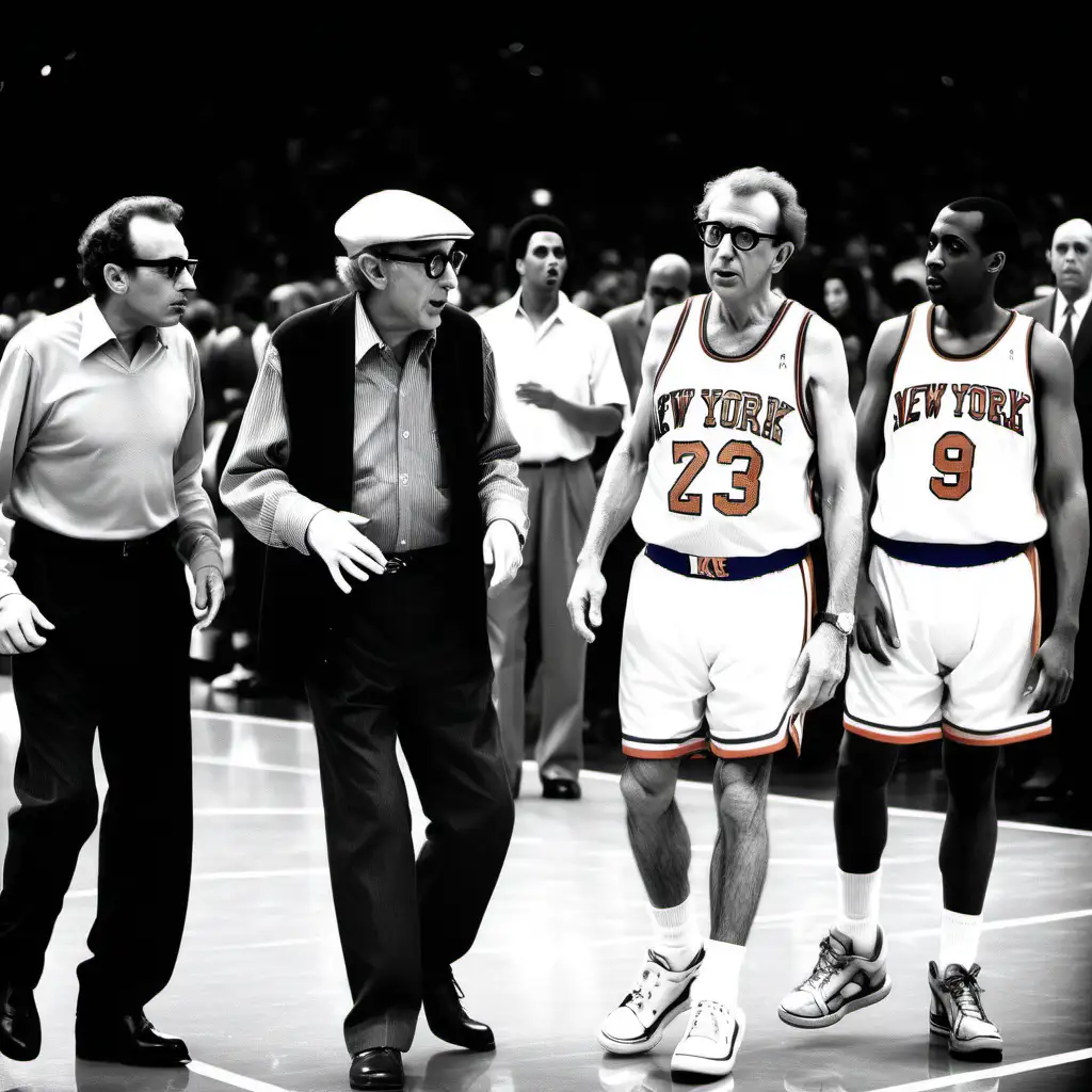 woody allen playing basketball with spike lee, jay z, jerry seinfeld and frank sinatra on new york knicks team versus jack nicholson, jim morrison, tupac shakur, Sigourney Weaver and Kirk Douglas on Los Angeles Lakers team