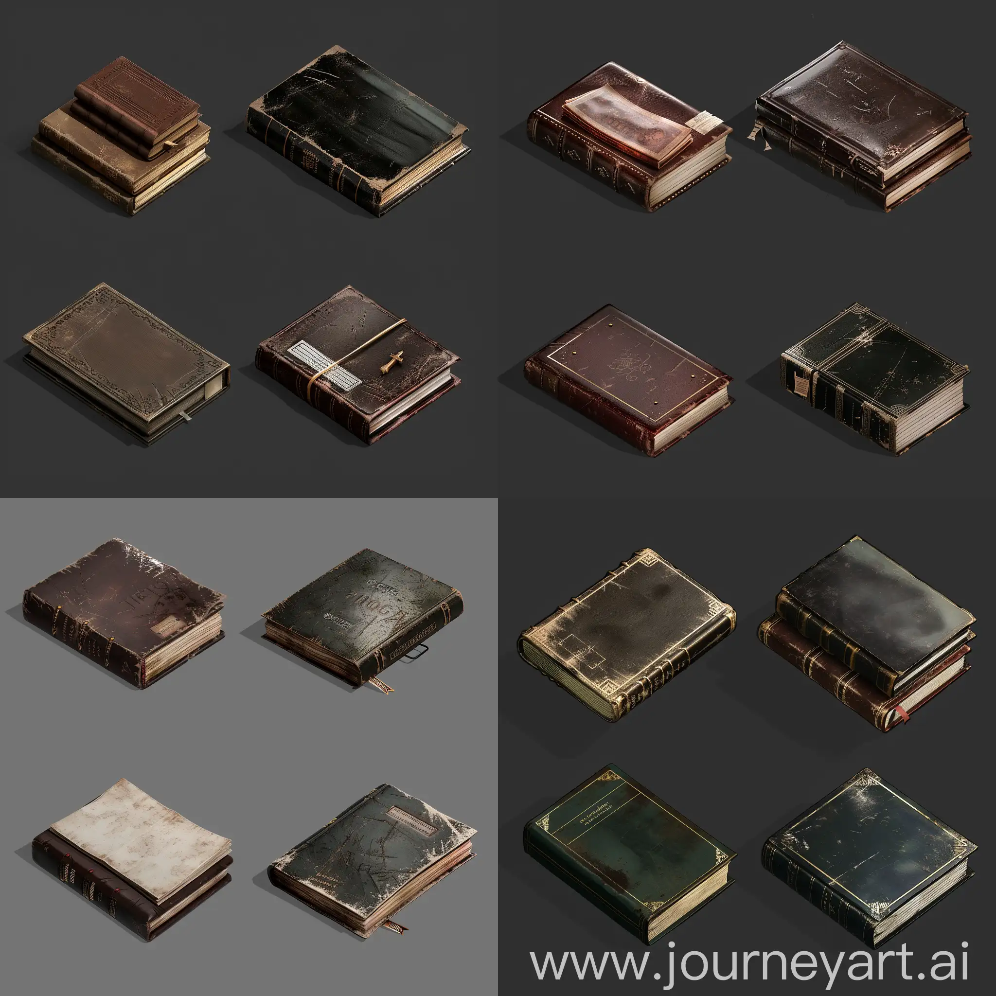 https://i.imgur.com/Do8RrB5.png realistic photo of isometric set of worn book without labels in style of unreal engine 5 realistic 3d game asset, shiny, lighting, leather cover, isometric set