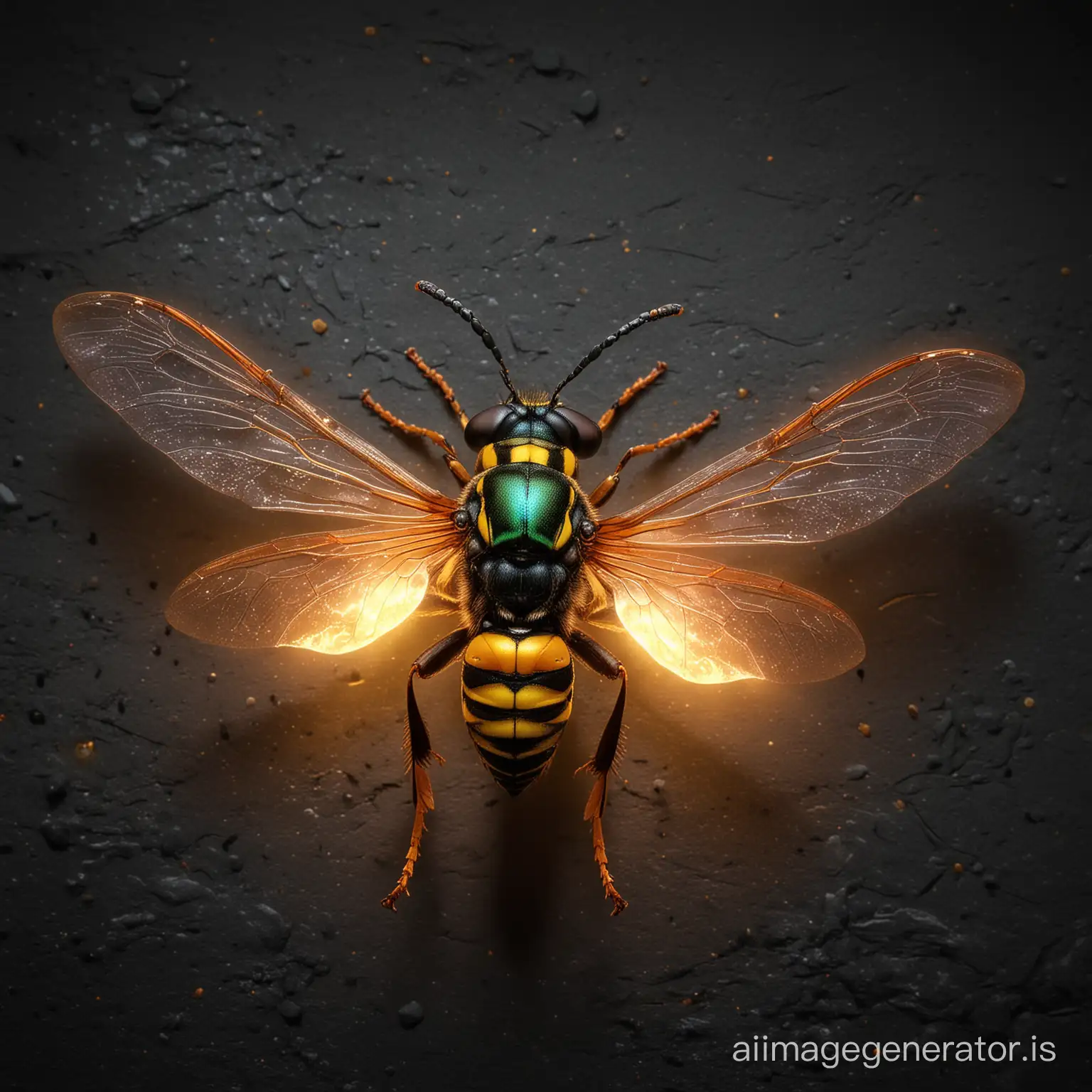 A stunning 3D render of a colorful wasp lying on a dark concrete flat ground with a fiery translucent glow emanating from its body, creating a mesmerizing spectacle. The insect appears to be a wasp with vibrant hues of green, orange, blue, yellow and red eyes. The close-up shot allows us to appreciate the intricate details of this fascinating creature while we can see the whole insect and its wings, showcasing its shiny, bright and bioluminescent body. The lighting in the image enhances the luminosity of wasp, creating a striking contrast against the black background. This captivating scene is reminiscent of a magical and mystical creature from a fantasy realm.
