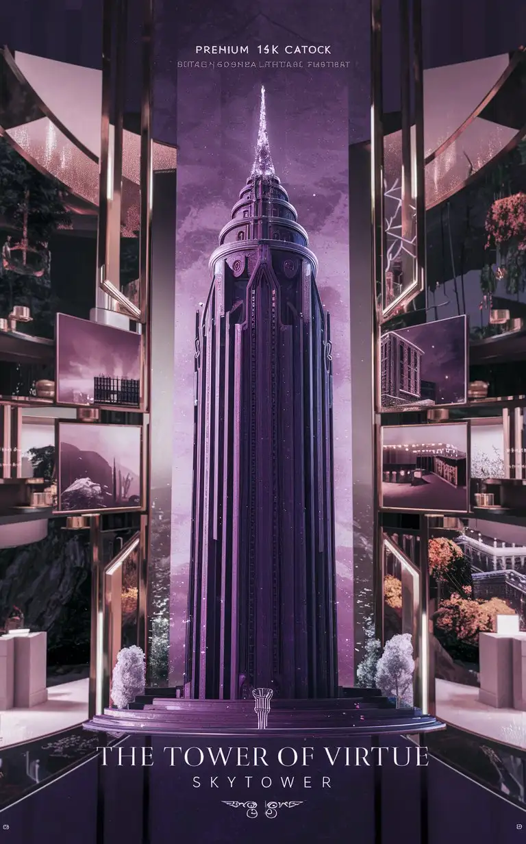 metaverse add bold text""The Tower of Virtue"" complex 36 storey skytower poster include name "The Tower of Virtue"(rises in regal deep violet, exuding an aura of nobility and grace)breathtaking aesthetics premium 14PT card stock authenticated 8k 16k breathtaking  visuals in a complex background