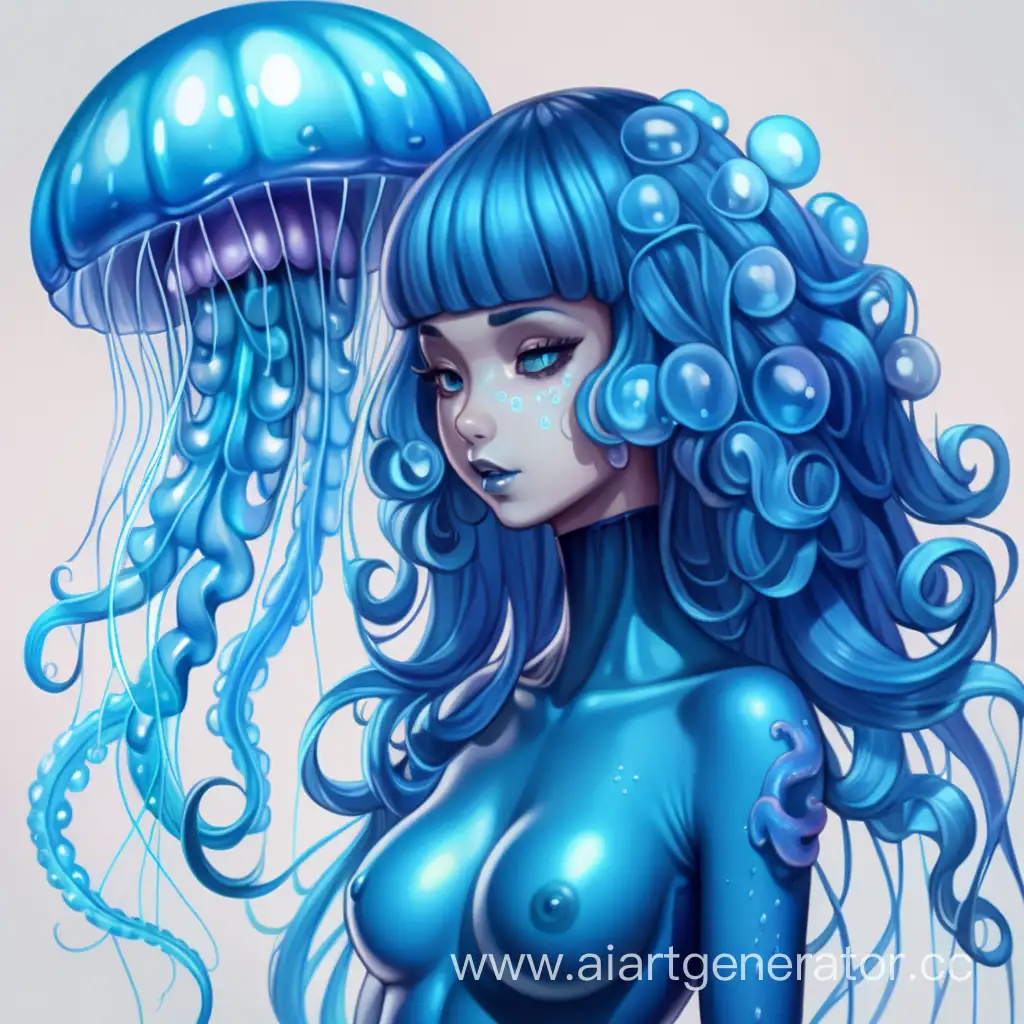 
Хуманизация медузы в латексную девушку с голубой латексной кожей с медузой вместо прически с щупальцами медузы по телу. Изображение сделать в милой стилистике
