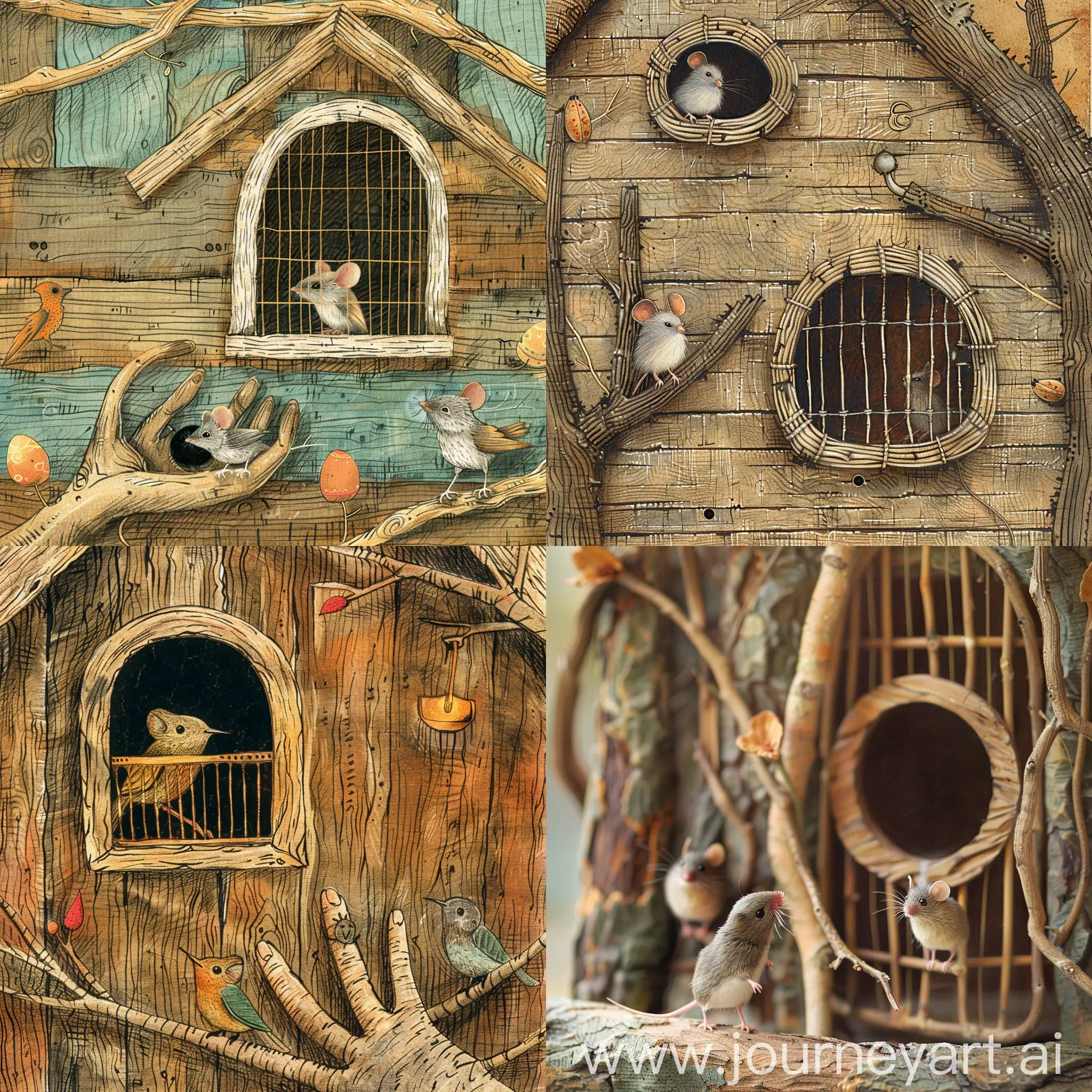 Vintage twig hand, window and hole House-shaped birdcage made of wood, small mouse standing outside (in focus), two birds looking out from birdcage hole, simple image pattern, hand drawn, Easter colors, abstract, cheerful and whimsical, funny, children's storybook style