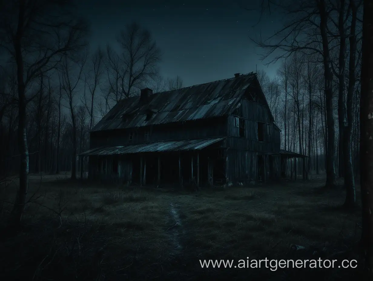 the dark farm standing in the middle of the forest. The farm is old and abandoned, and the forest is dense. night