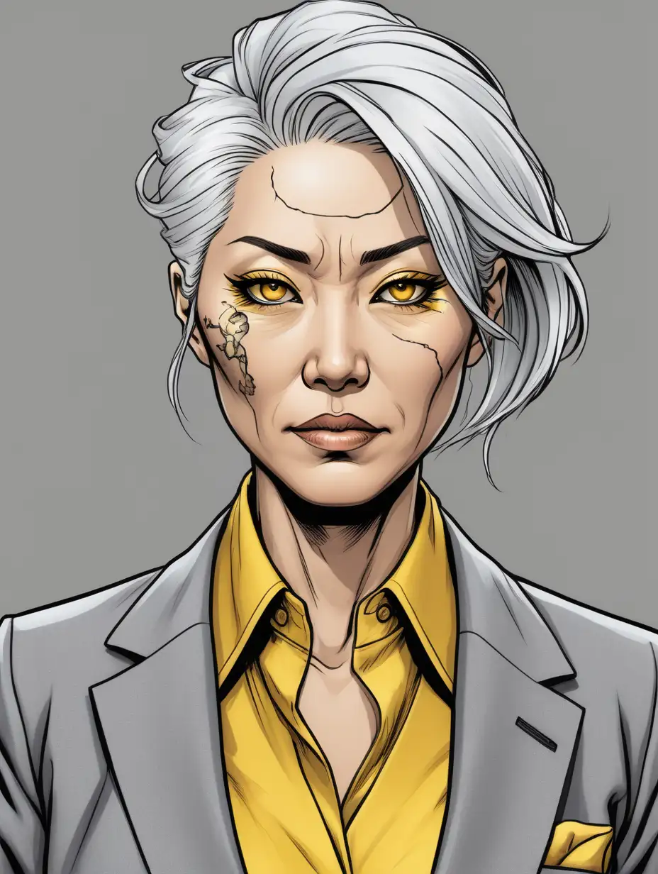 inked comic book art style. Close up portrait. Japanese woman. middle-aged. white hair. scar over left eye. clean face. Wearing light grey and yellow business suit. Grey background.