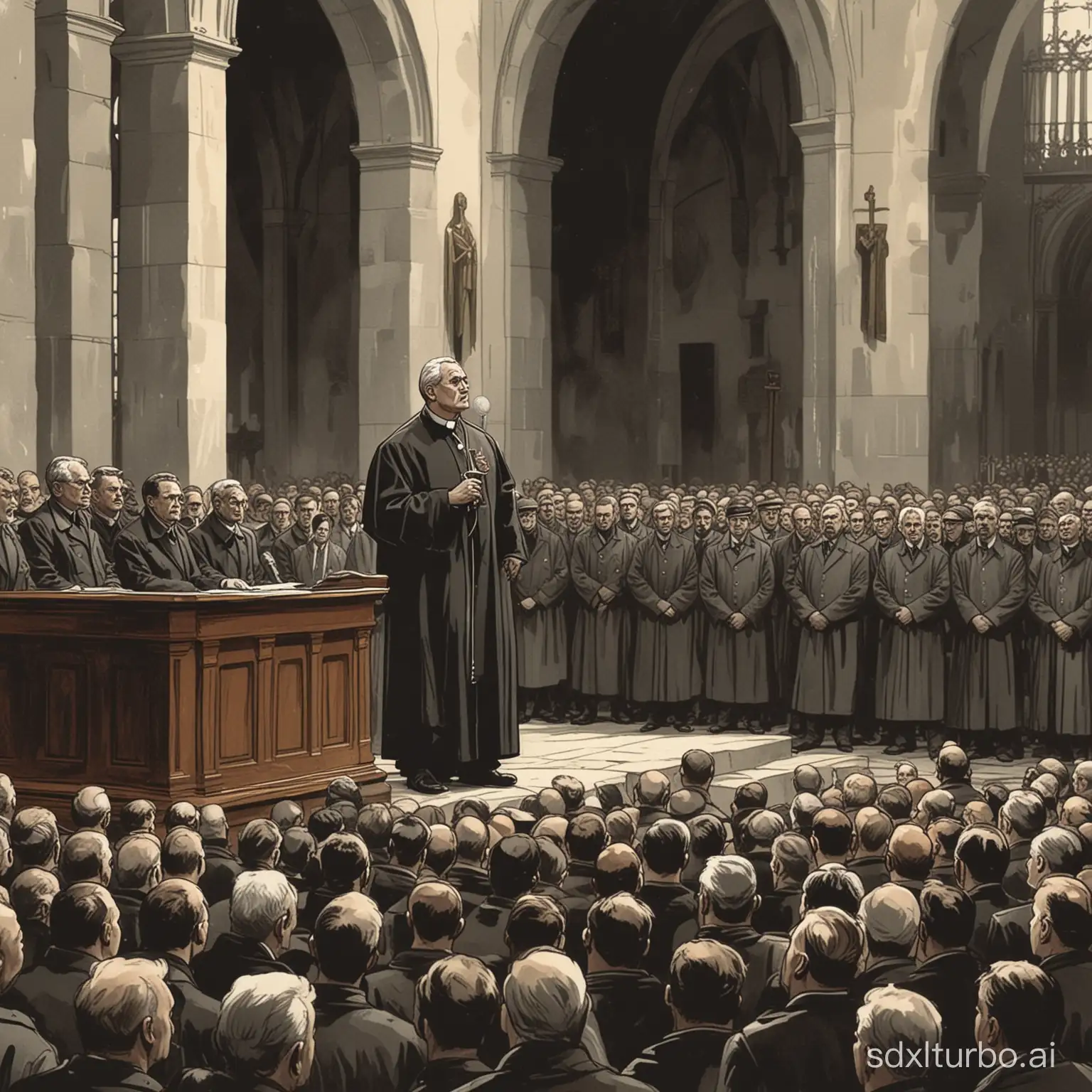 comic, priest standing in a church talking to an audience, outside a rally of workers, revolution about to happen, gloomy, stalinists propaganda style