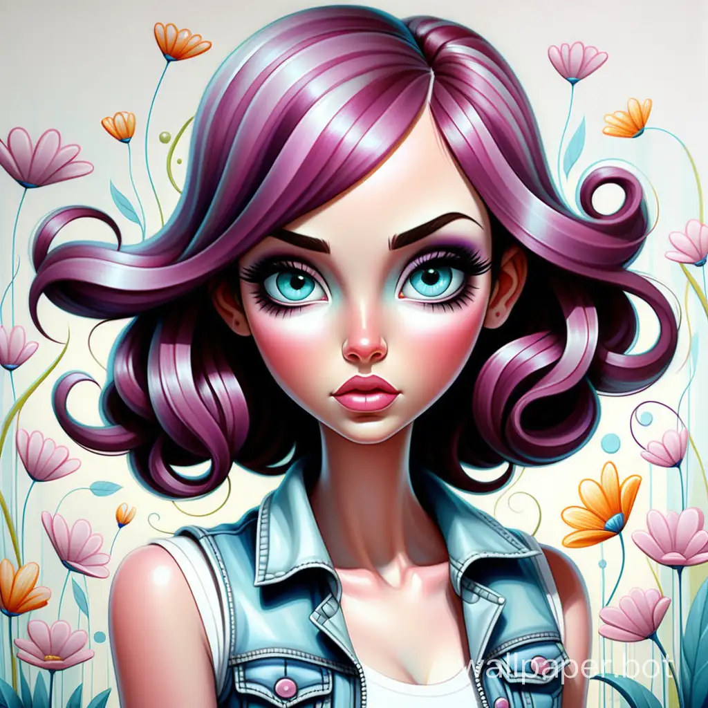 Style Jeremiah Ketner. Spring pop art painting of a girl, clean skin, natural makeup, beautiful reflective eyes with neat lashes, natural pose. Clothing: vest, shirt, jeans. High detail, white background, natural light.