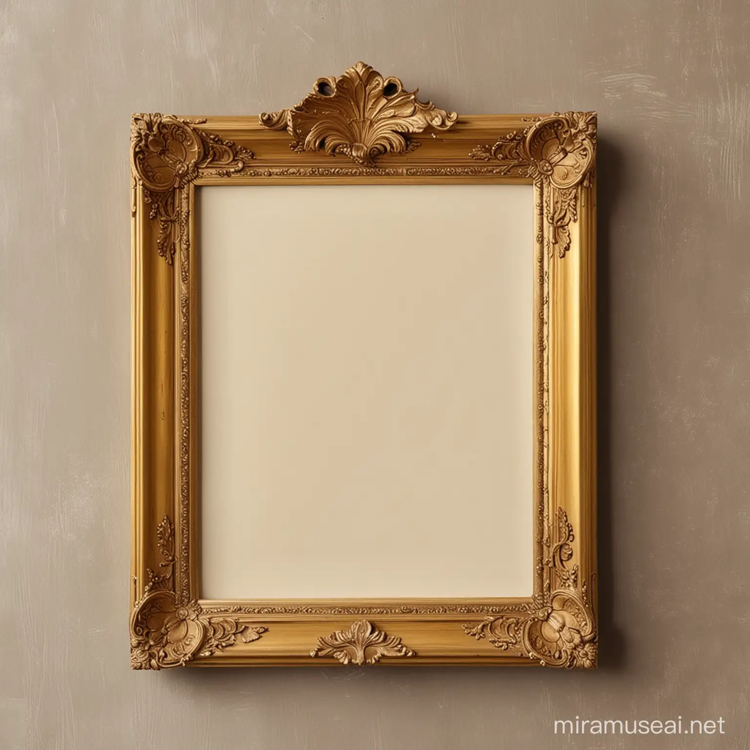 A blank, gold, vintage frame on a wall