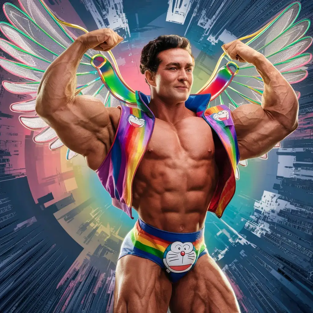 Topless 40s Ultra Beefy IFBB Bodybuilder Man wearing Multi-Highlighter Bright Rainbow Coloured See Through Eagle Wings Jacket short shorts and Flexing Big Strong Arm with Doraemon