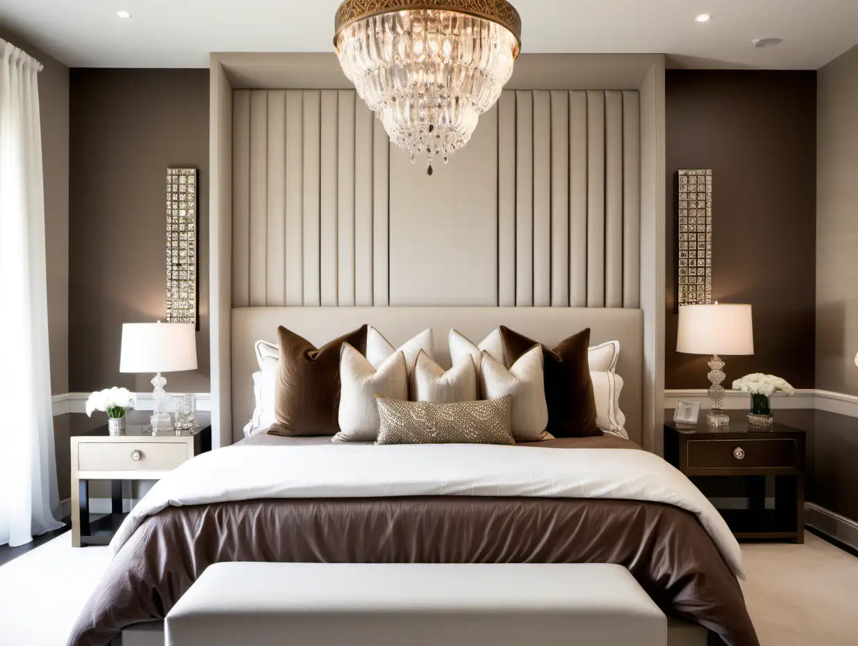 Neutral bedroom transitional luxury. Beige bed. Statement feature wall behind bed, statement crystal pendant. Bronze accents, brown cushions