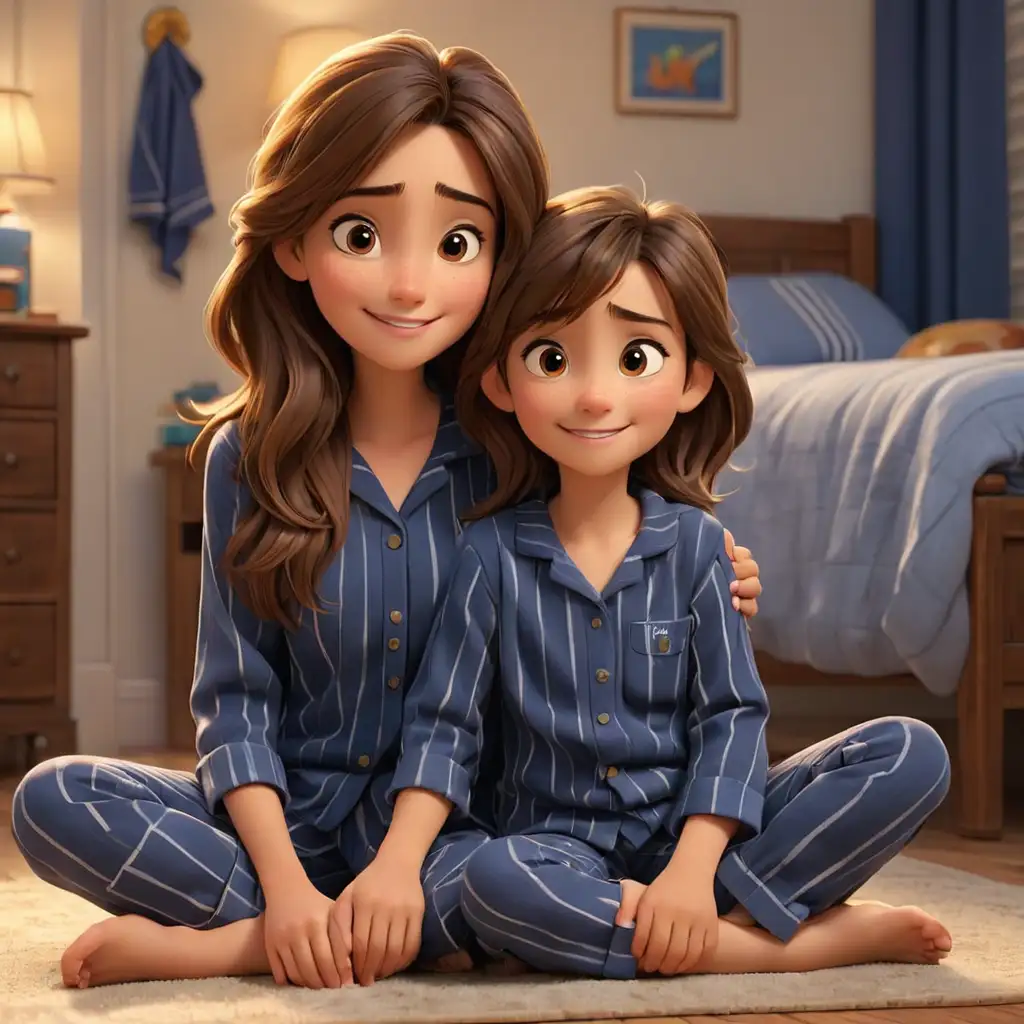 Disney pixar theme, 3d animation, beautiful mom, long straight brown hair and brown eyes, son with neat brown hair and brown eyes, happily sitting on the floor next to each other, wearing navy blue stripe pajamas