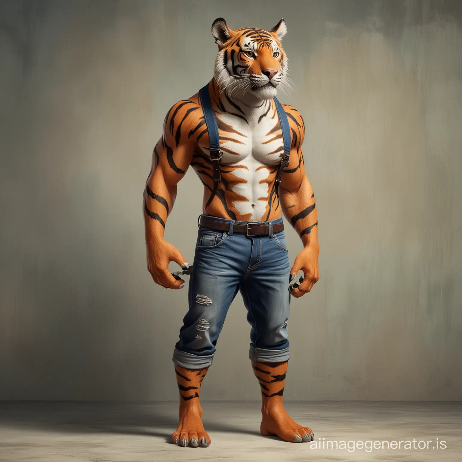 In the digital canvas of this AI art prompt, stands an anthropomorphic tiger, his form rendered in the catoon-like style of Zootopia. With a fit physique adorned with defined muscles and chiseled abs, he exudes confidence and allure. Yet, amidst his barefoot stance, there's a striking incongruity - a pair of exceedingly loose and saggy jeans clings awkwardly to his frame.  The denim, conspicuously oversized, hangs precariously low on his waist, defying the very notion of a proper fit. As if defying gravity, the fabric droops heavily, threatening to slide off his hips at any moment. With nonchalant ease, he braces the rebellious garment with one hand, a mere formality in the face of such unruliness. A lazy smile plays on his lips, betraying a hint of mischief.  In this tableau, the tiger's other hand languidly trails over his well-defined abs, a gesture of self-assurance and vanity. Yet, amidst this display of confidence, the exposed waistband of his crimson boxer shorts peeks mischievously above the denim expanse, a playful declaration of his intentional sagging.  Each element of the scene is meticulously crafted to convey the absurdity and intentionality of the tiger's fashion statement. From the exaggerated looseness of the jeans to the visible glimpse of his undergarments, every detail serves to underscore the deliberate choice to defy convention and embrace a style uniquely his own.