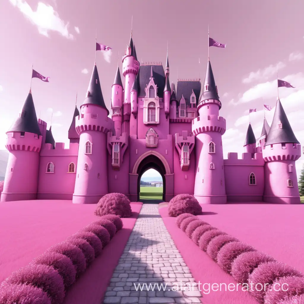 сгенерируй мне вид с центра на большой розовый замок камера должна смотреть на вход в него а вокруг должен быт зеленый загон вид на замок должен быть с центра