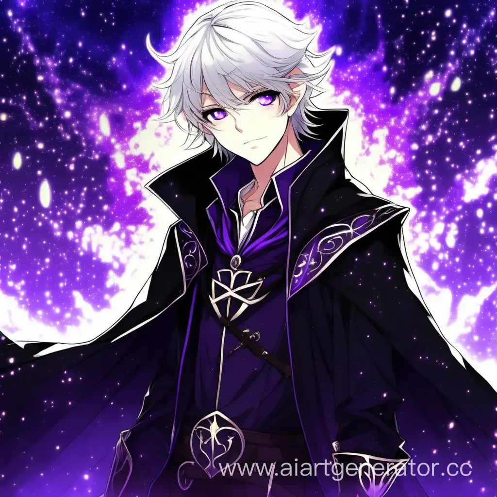 Аниме мальчик лет 16-ти, эльф, белый волосы, фиолетовый зрачок. Черная магическая мантия с фиолетовыми светящимся вкраплениями, белая рубаха, черные штаны и черные сапоги