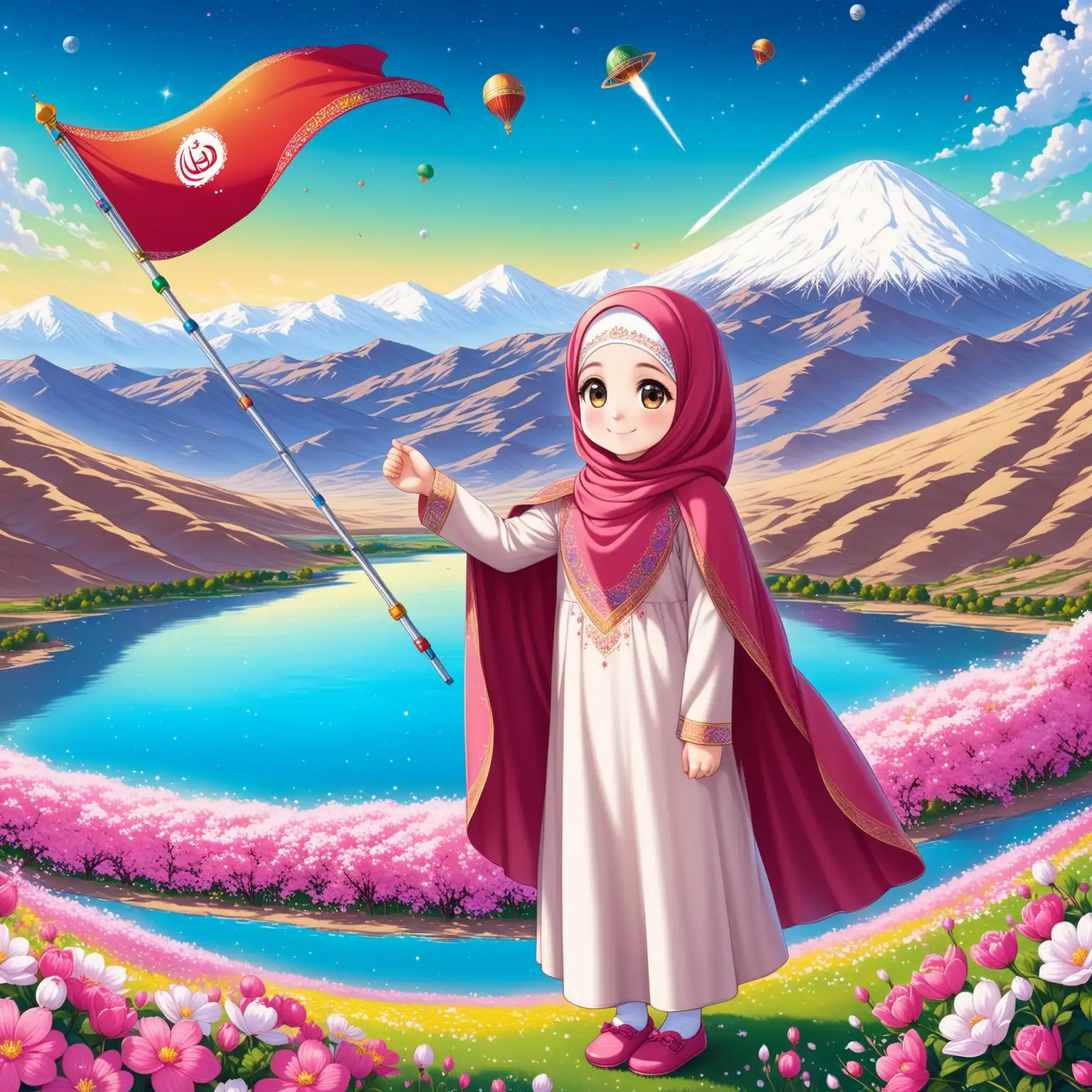 Persian little girl(full height, Muslim, with emphasis no hair out of veil(Hijab), small eyes, bigger nose, white skin, cute, smiling, wearing socks, clothes full of Persian designs).
Atmosphere Damavand mountain, nice flag of Iran raised with honor, satellites in sky,  firing satellite to sky and full of many pink flowers, lake, spring.