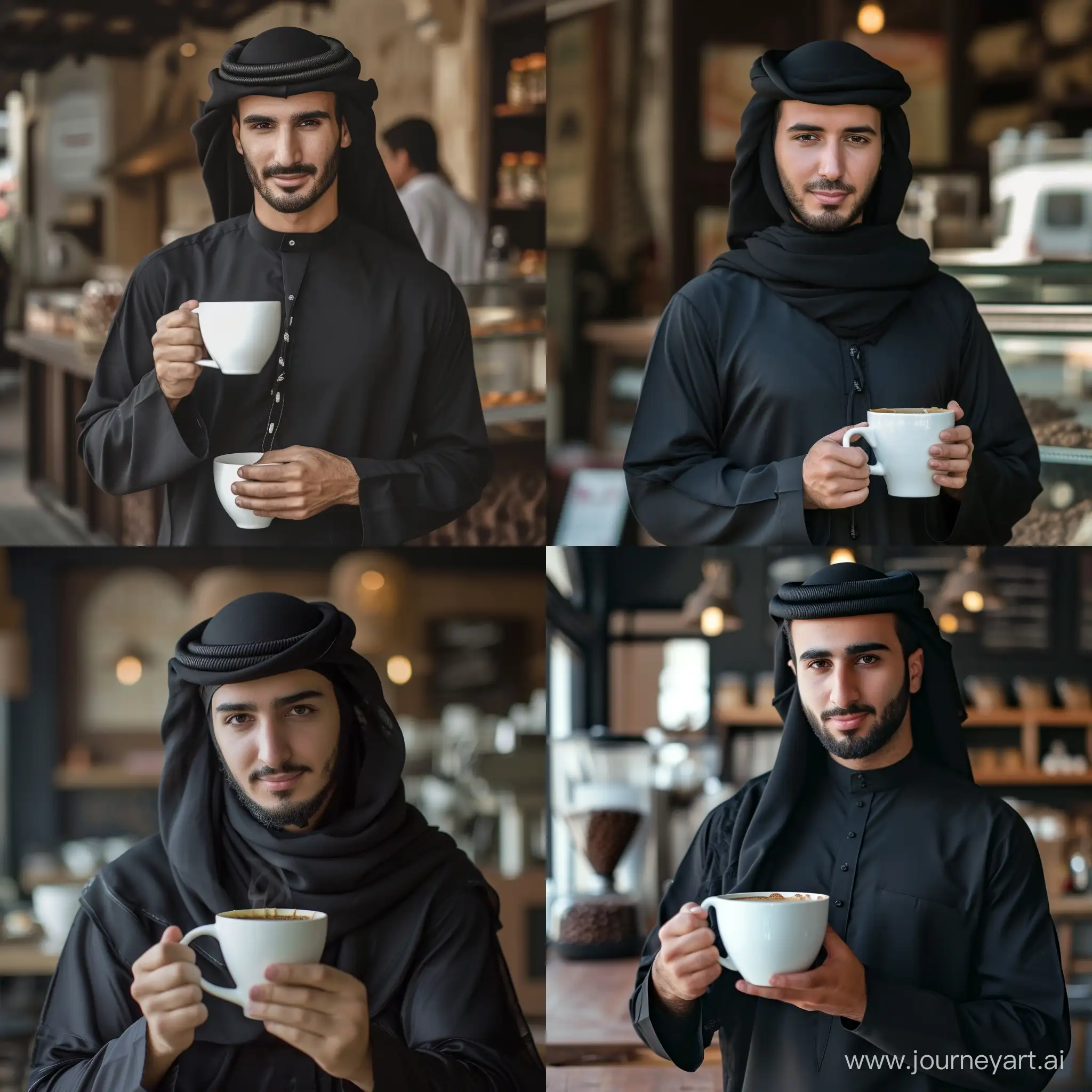 Real and natural photo of handsome man in black Arabic dress holding a cup of coffee. The coffee mug must be white. The space around him is a cafe. Full details of the coffee cup and the man's face, clothes and hands. natural light. Natural coffee beans.