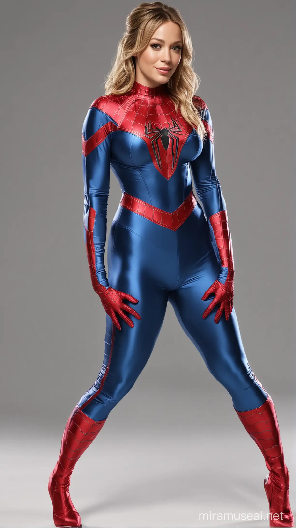 Hilary Duff in Spider-Man satin costume with pants, vibrant red and blue colors, superhero stance, high-resolution, comic book style, bright and colorful, dynamic pose, satin material, detailed facial features, Hollywood actress, iconic superhero outfit, professional lighting