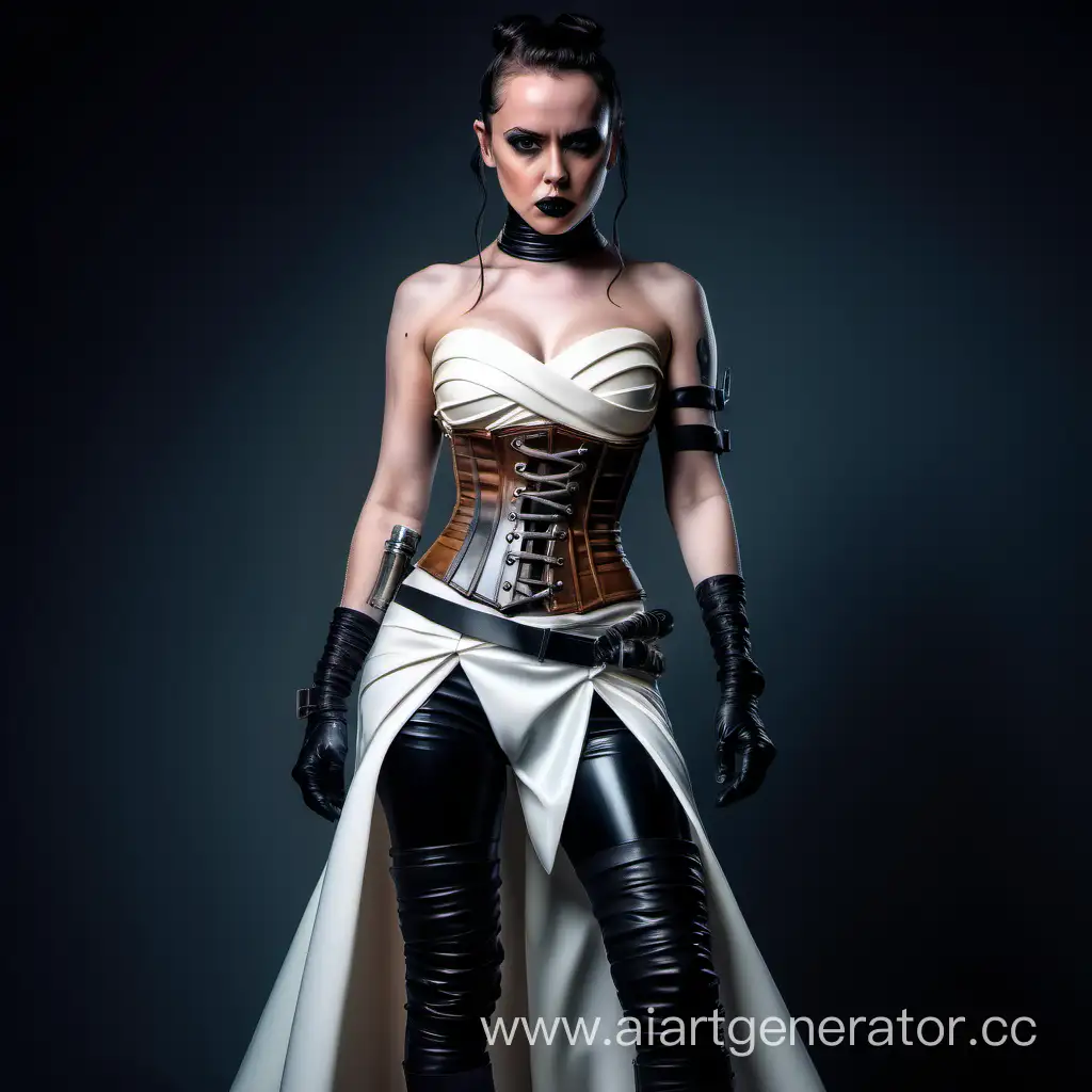 rey skywalker as a latex mad max bride, extreme hourglass figure corset