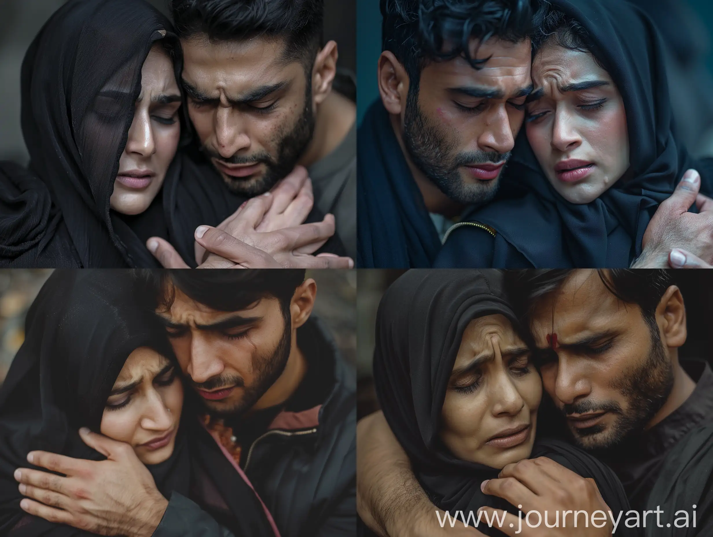 real features a close-up shot of a handsome indian Hindu man and his indian Muslim wife. The man is holding his wife, who wears a black hijab, tightly and comforting her while she cries on his shoulder. The scene is captured in a dark and somber setting, symbolizing the tragedy and darkness that surrounds their story. 
