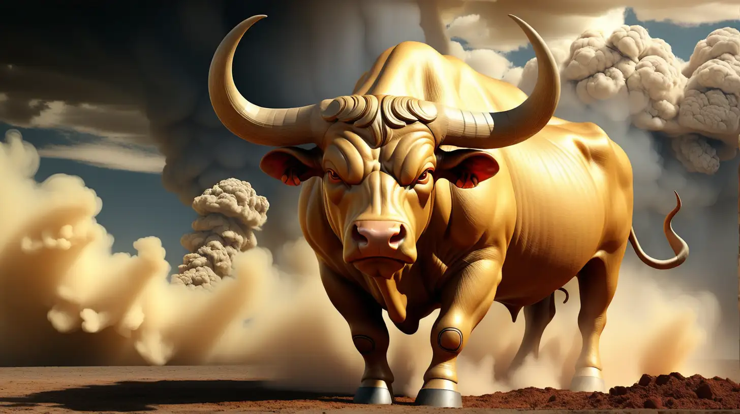 Majestic Bull with Golden Horns Emitting Flames in Dusty Atmosphere