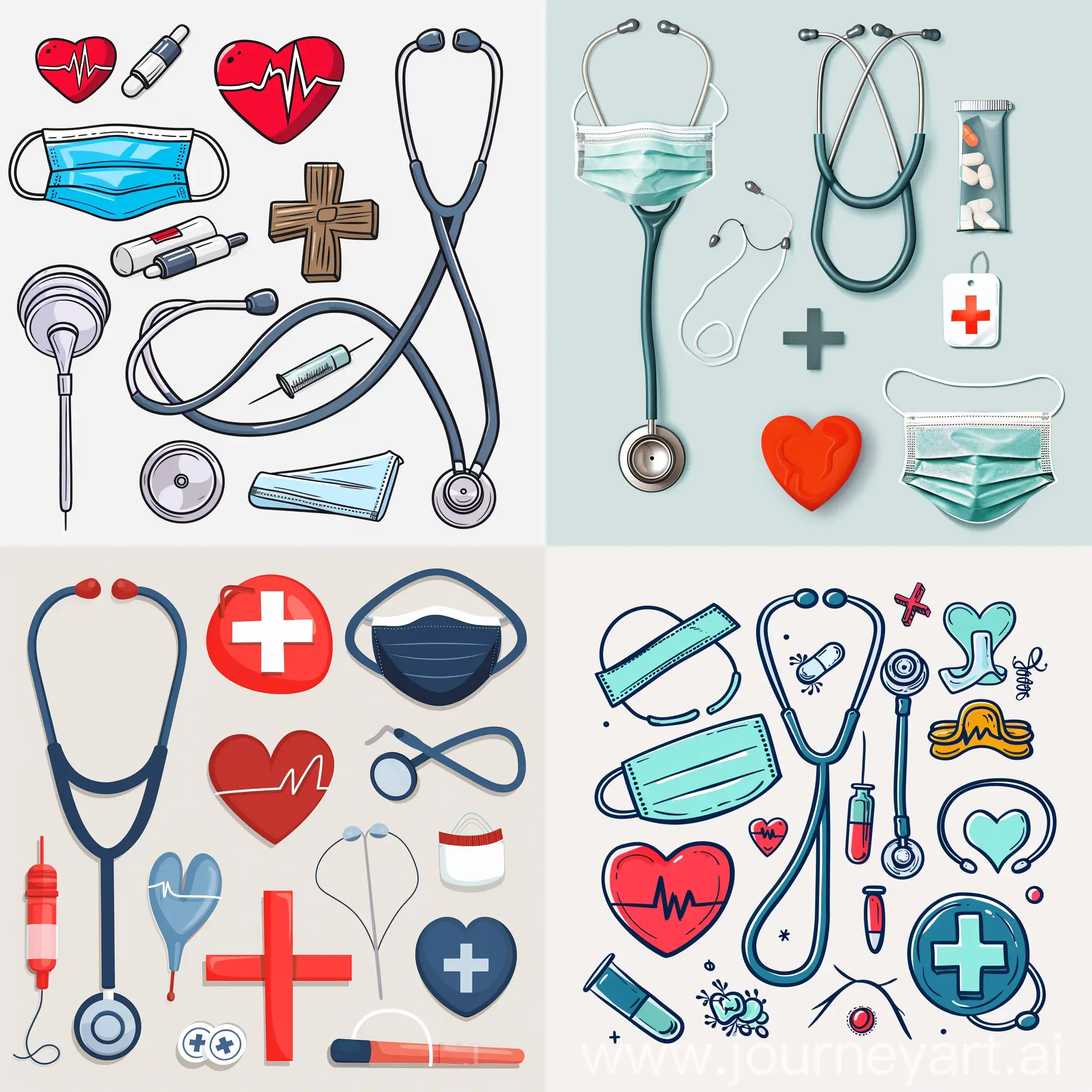 医疗，听诊器，口罩，红心，十字，医疗用品插画风格