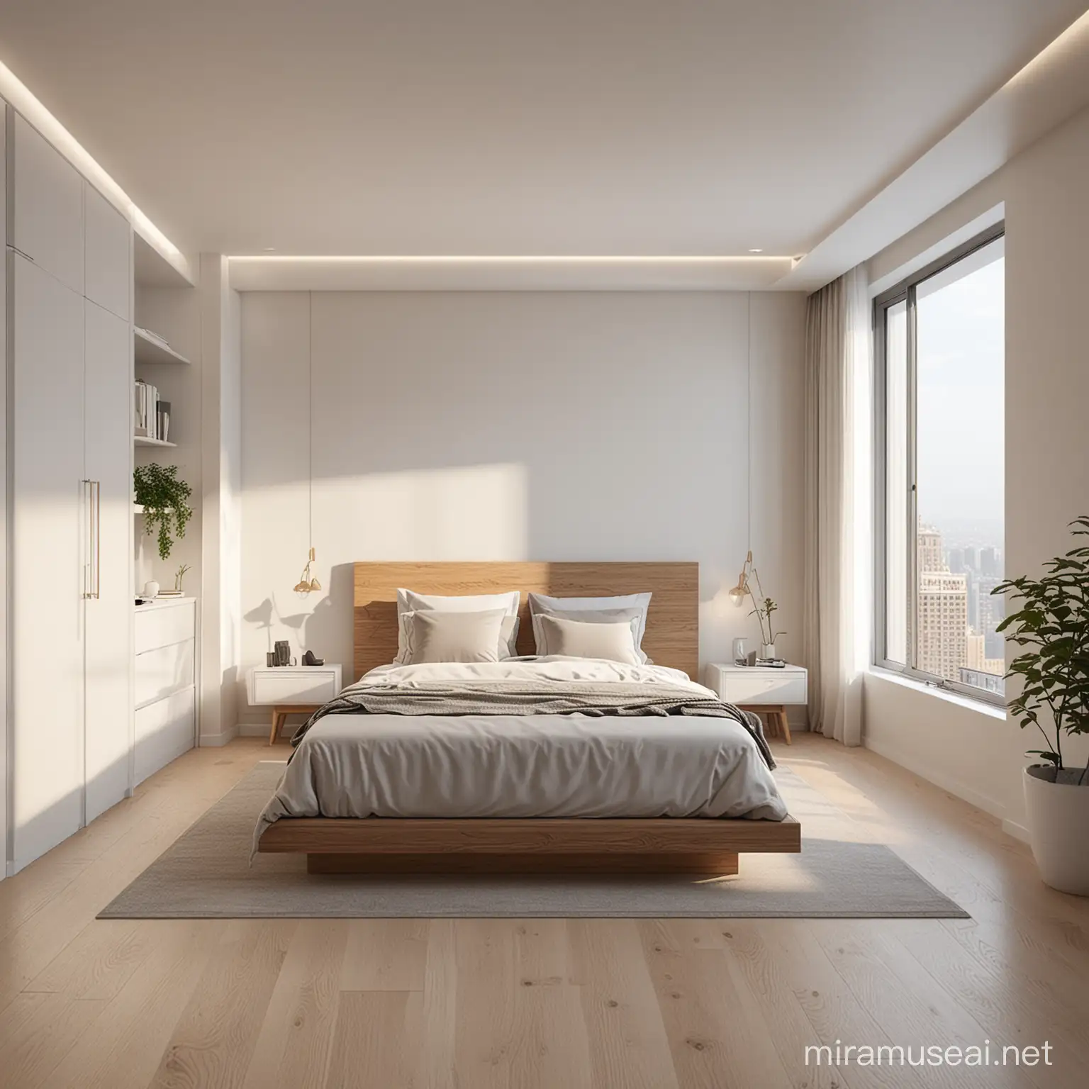 rendering of a minimalist bedroom, second floor of an apartment 
