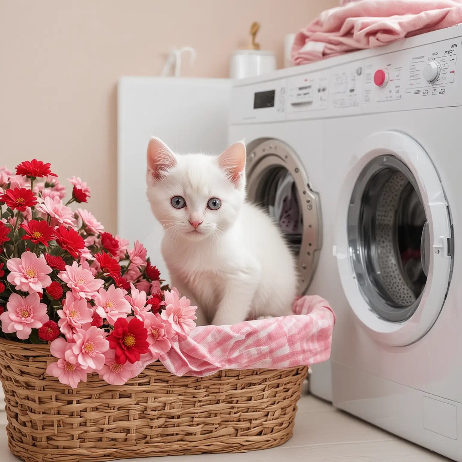 Please generate an washing machine with red and pink flowers behind it. Near the washing machine and a little jn front of it put a white kitten playing with a basket of laundry