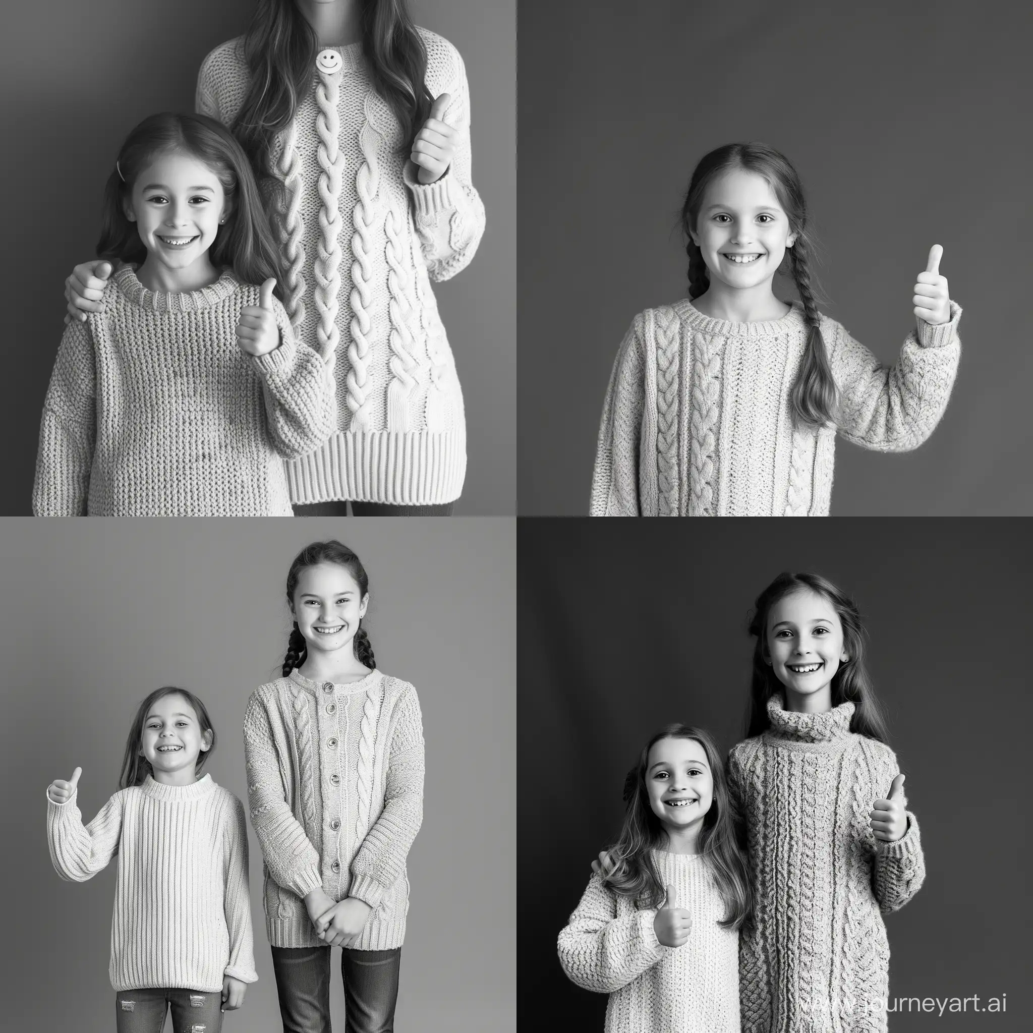 A girl of about ten stands half her height, wearing a light-colored sweater, smiles and gives a thumbs up
