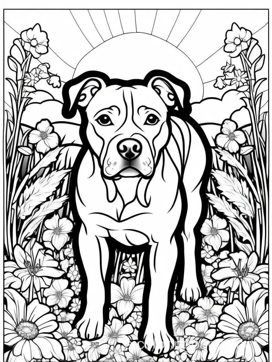 Lisa frank art style, pitbull dog in garden of flowers, Sunset in background

, Coloring Page, black and white, line art, white background, Simplicity, Ample White Space. The background of the coloring page is plain white to make it easy for young children to color within the lines. The outlines of all the subjects are easy to distinguish, making it simple for kids to color without too much difficulty