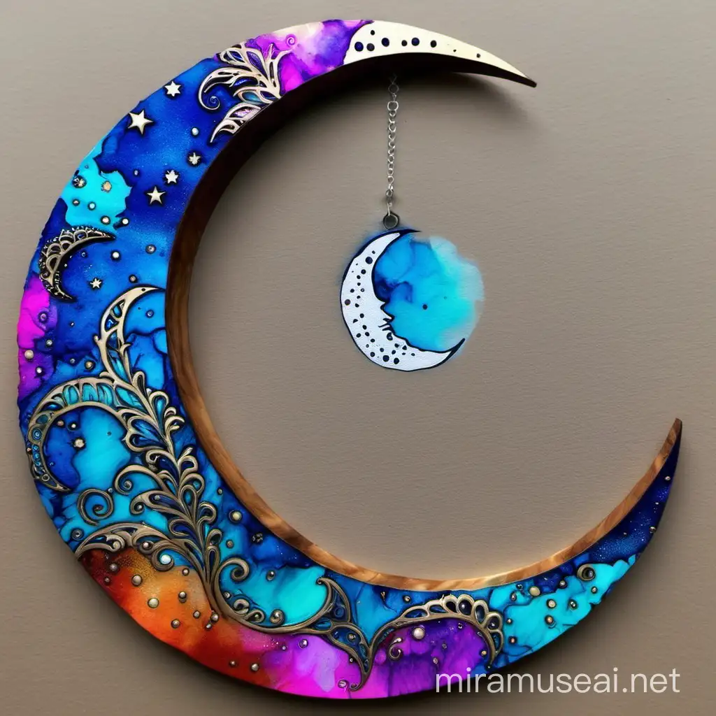 alcohol ink painted crescent moon mandal design colourful