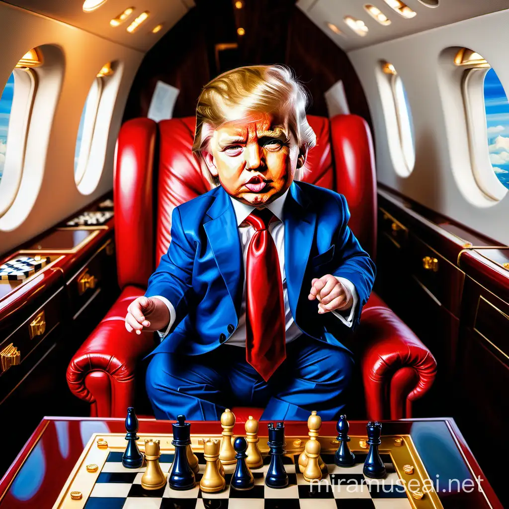 oil painting of adorable baby version of donald trump in a blue suit and red tie sitting on a private jet paying chess with money and gold bars
