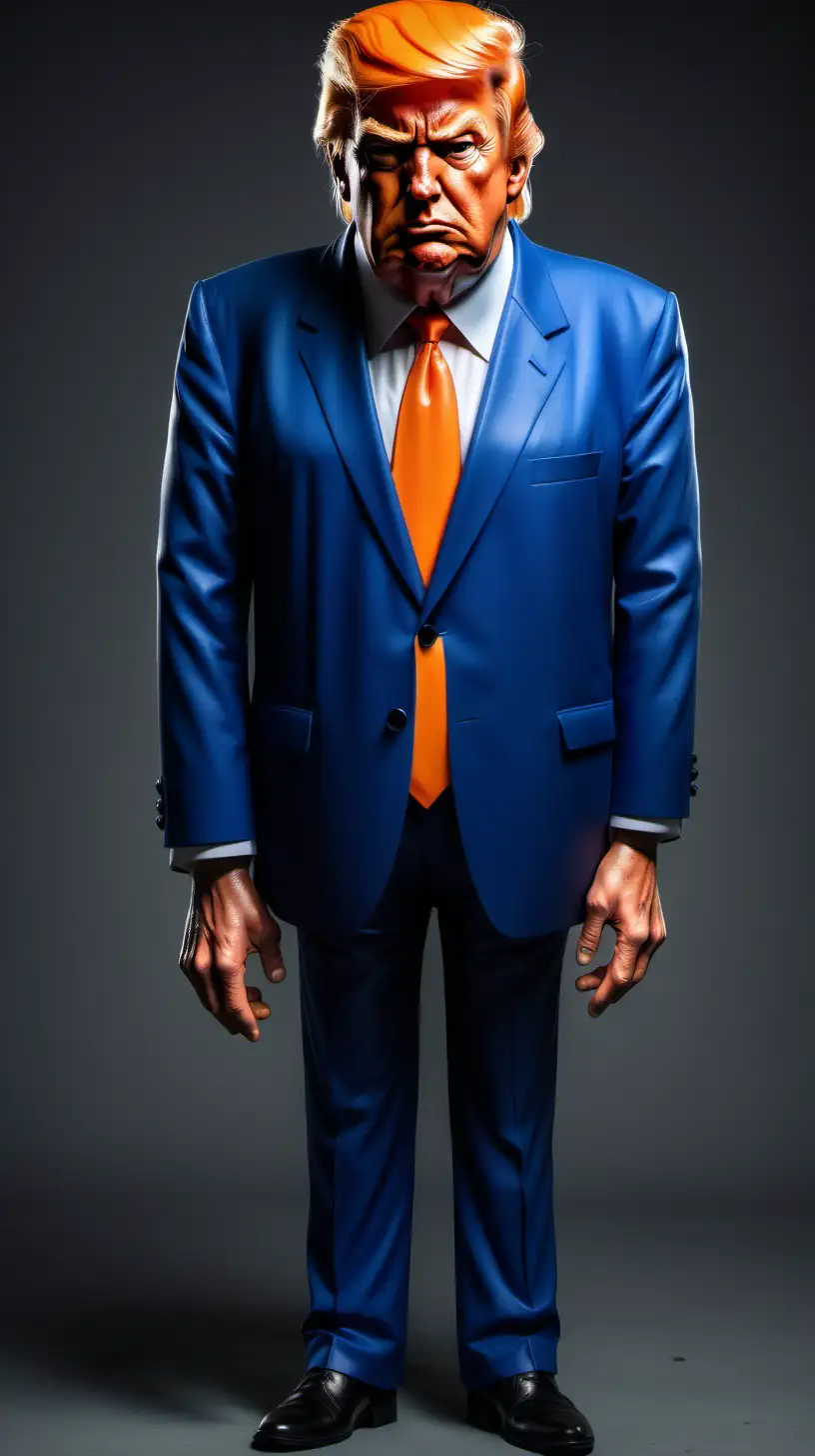 full body cartoon angry donald trump looking really orange in a blue suit