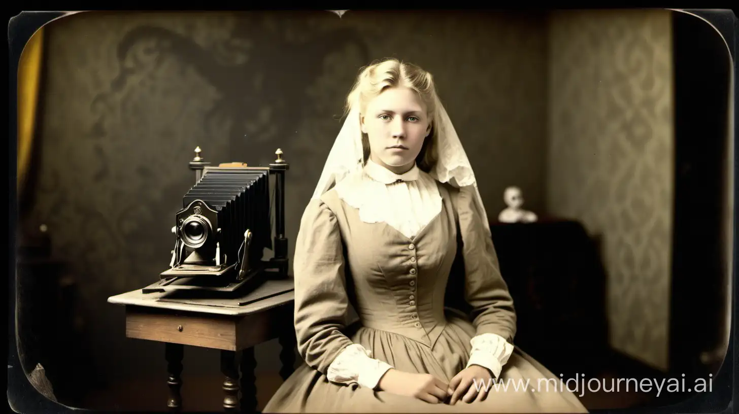 1890's, bordertown, 16 years old beautiful blond widow, dark room, photographic studio, camera, ghost in background, color