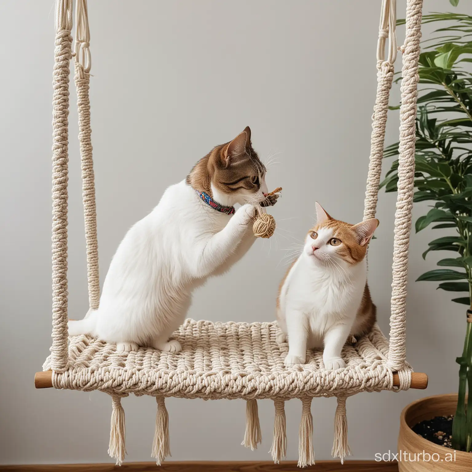 two cats are fighting for a macrame cat swing