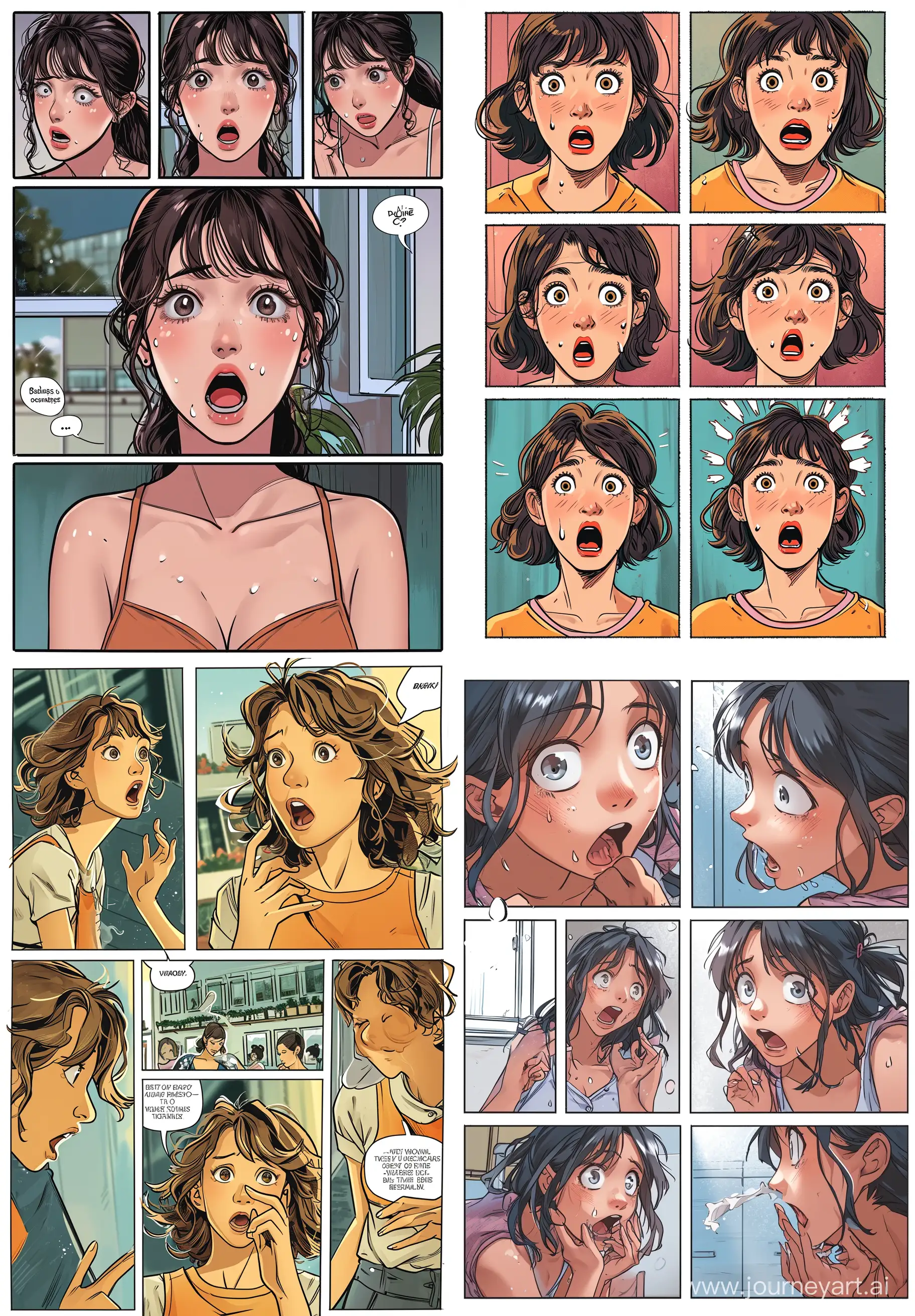 A color comedy page, a beautiful girl do hillarious action in her company, multiple panels, over reaction, nice color, best quality --v 6 --q 2 --ar 89:128