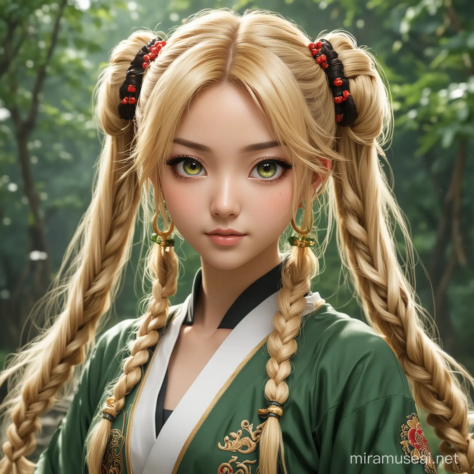 chica anime joven, 25 años, cabello largo, rubio con mechones castaños, ojos verdes jungla, peinado elaborado de dos coletas estilo chino y japonés, y vestuario de aventurera china.