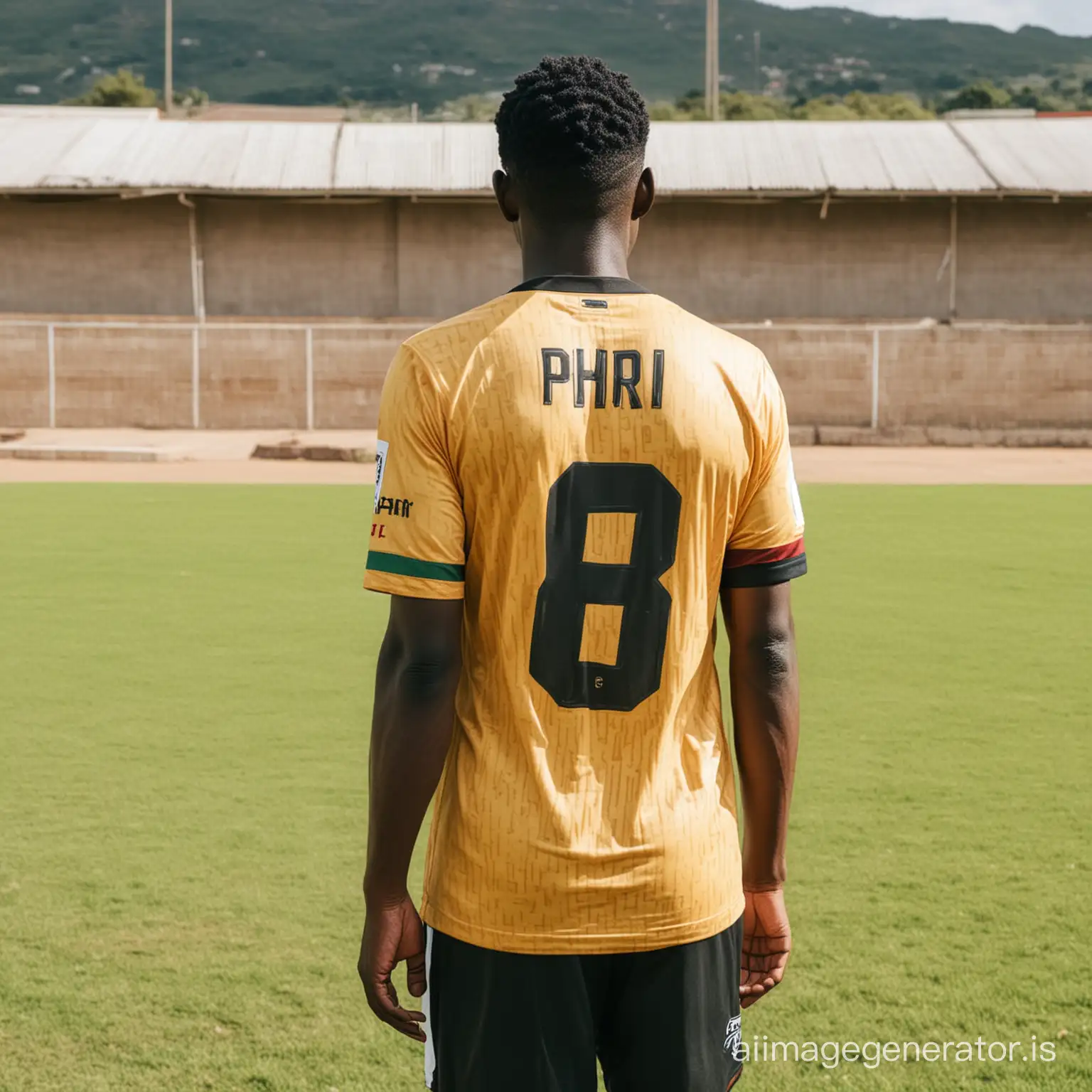 Man with Soccer jersey written PHIRI number 8 on the back