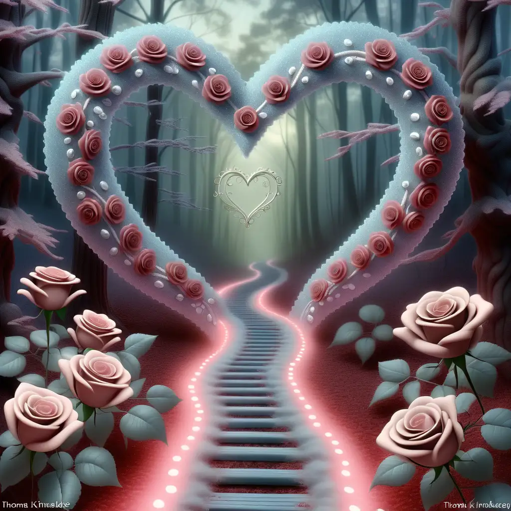 Double frosted hearts, floating in the clouds, beautiful forest path with glitter glowing heart in the pathway, valentines, bi colored roses, filigree,  glitter, glowing, sparklecore, Thomas Kinkade