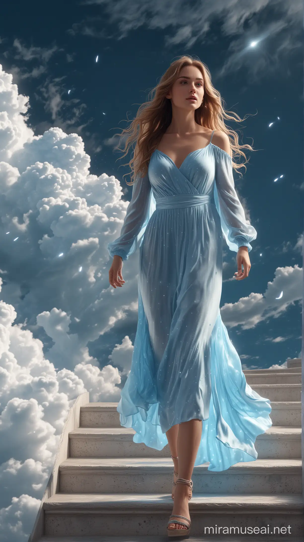 3D 8k minimal realistic illustrator minimal beauty woman with long hair walking on the stairs up to the clouds shinning and glittering with her blue light dress 