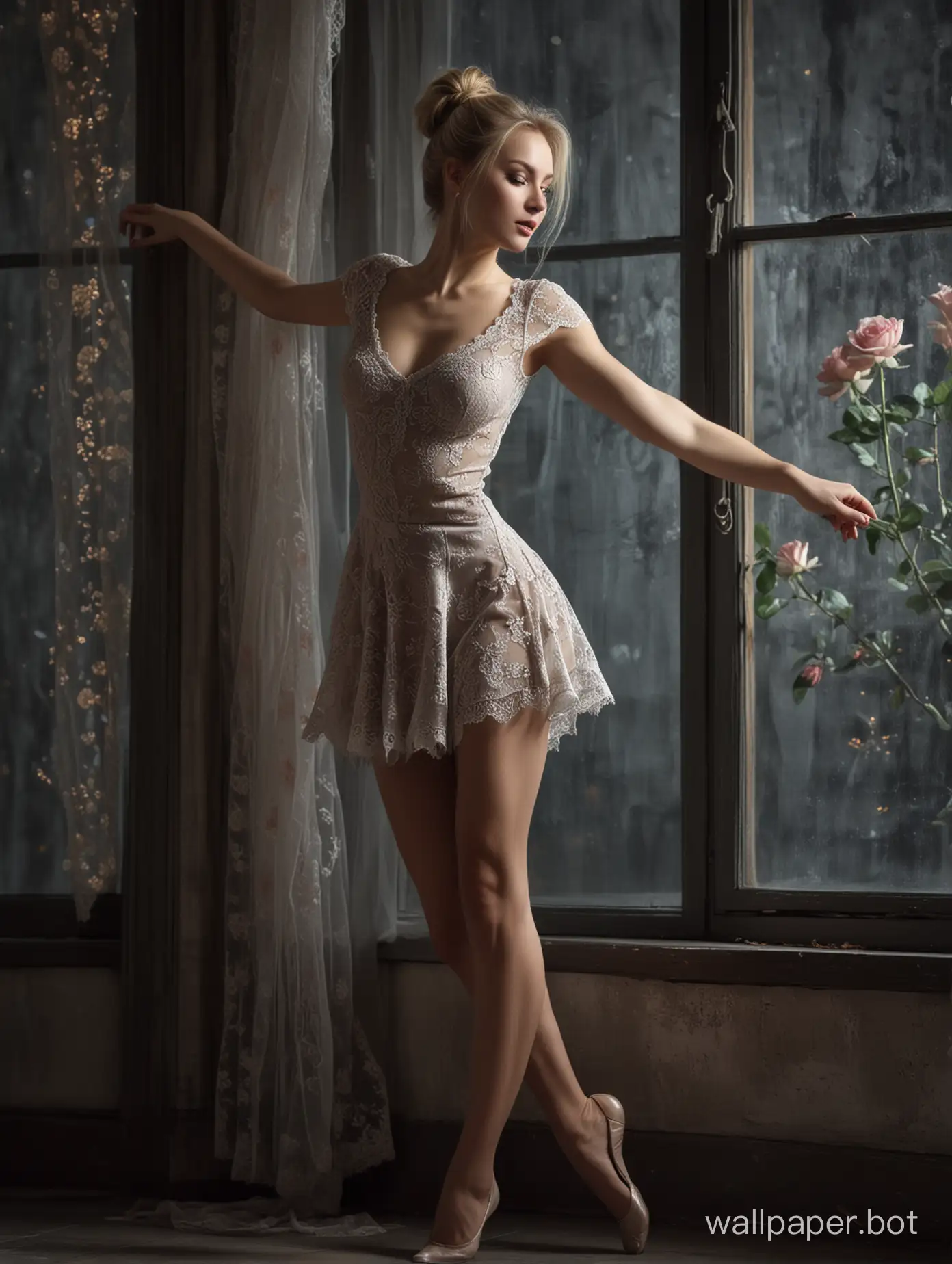 Delicate makeup, sexy blonde Russian beauty with ponytail, light eyes, slim body and medium breasts, with a beautiful gray lace dress with a short skirt and rose designs, dancing ballet with one raised leg, alone in the dark of night, with the moonlight Entering through a large window in the dark room, she illuminated her figure and her angelic face