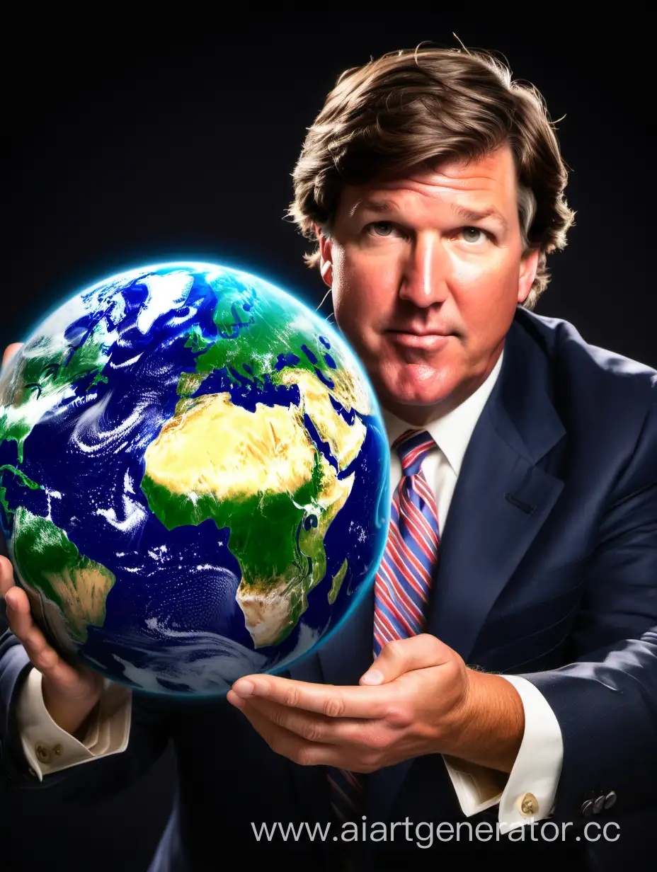 Такер Карлсон держит в руках планету земля, глобальный вид.