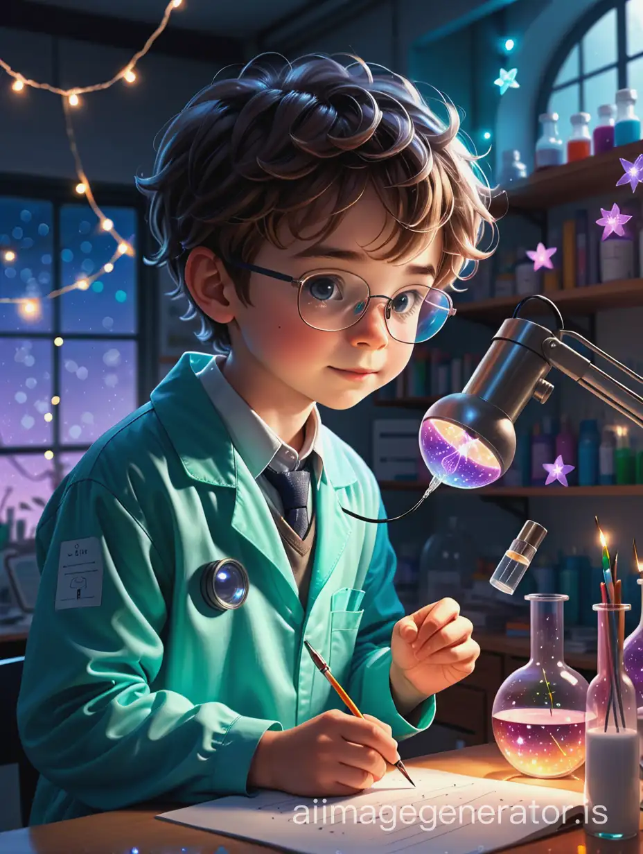 a scientist lab with fairy lights boy with scientist suit wearing digital painting