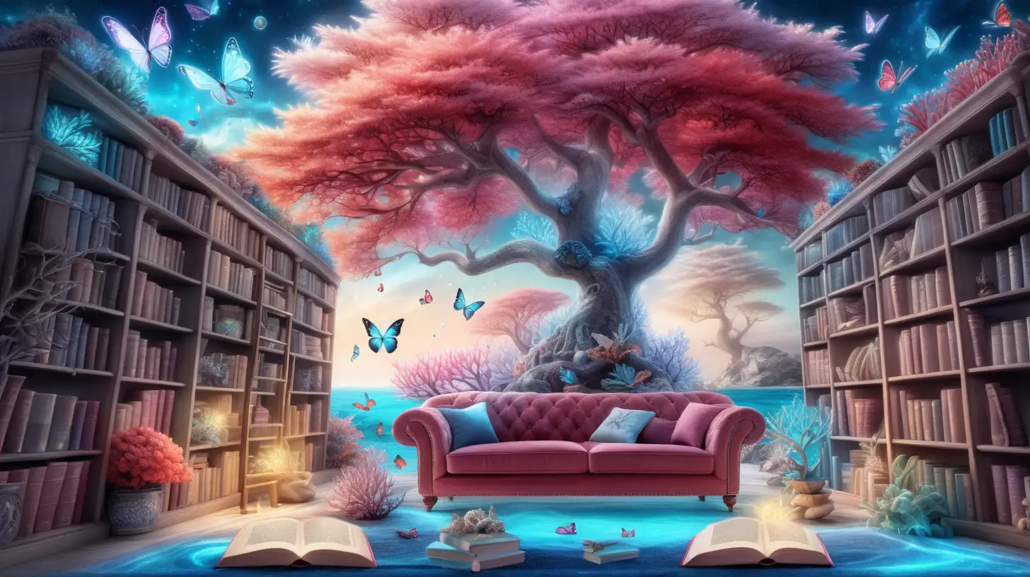magical forest surrounding  an ocean and sky and clouds and glowing books of white, blue, and red and pink with gemstone trees and gemstone flowers and glowing, glimmers  ifantastical glowing trees and books next to a bookshelf wall with corals and butterflies
