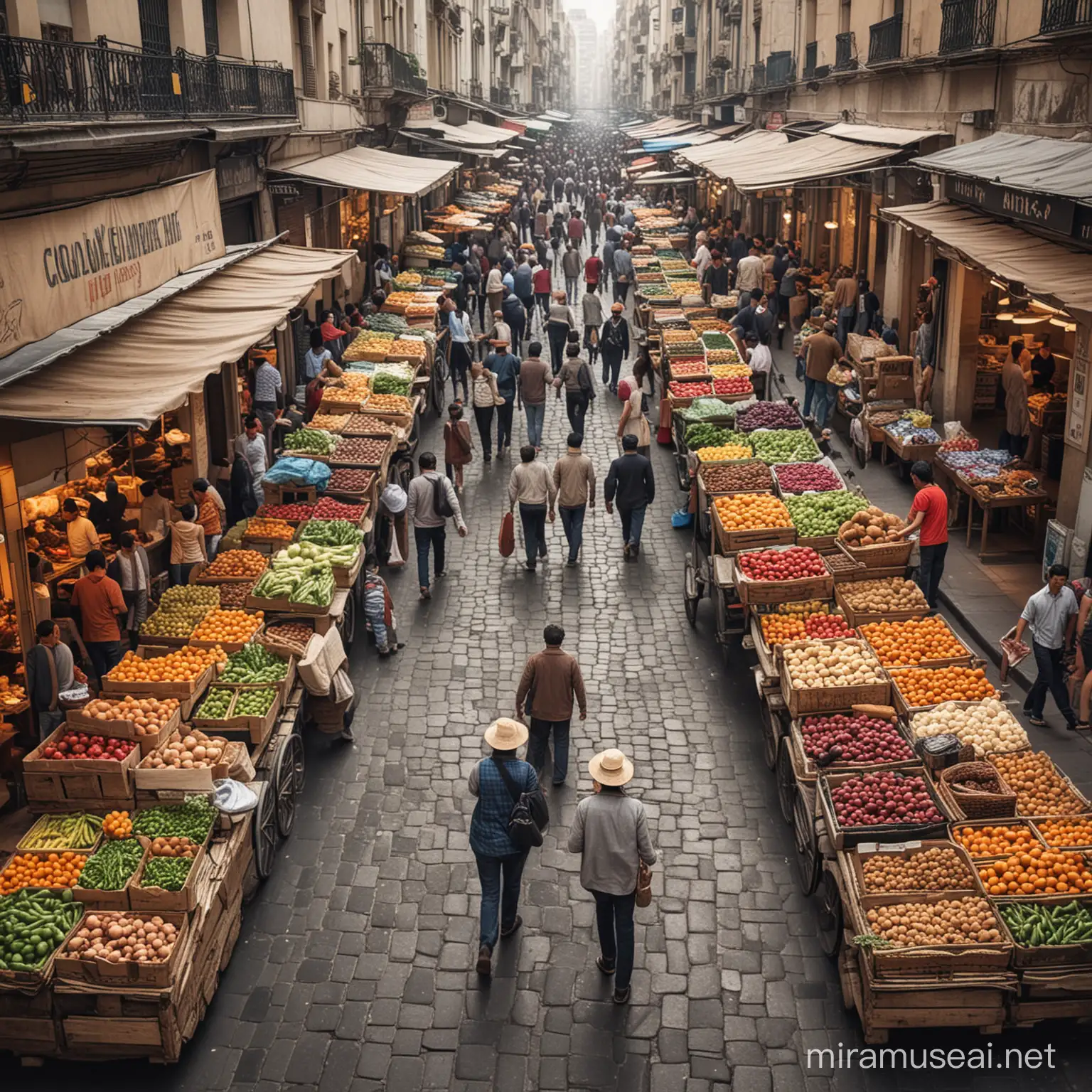 create an image of Global market, busy, street vendors

