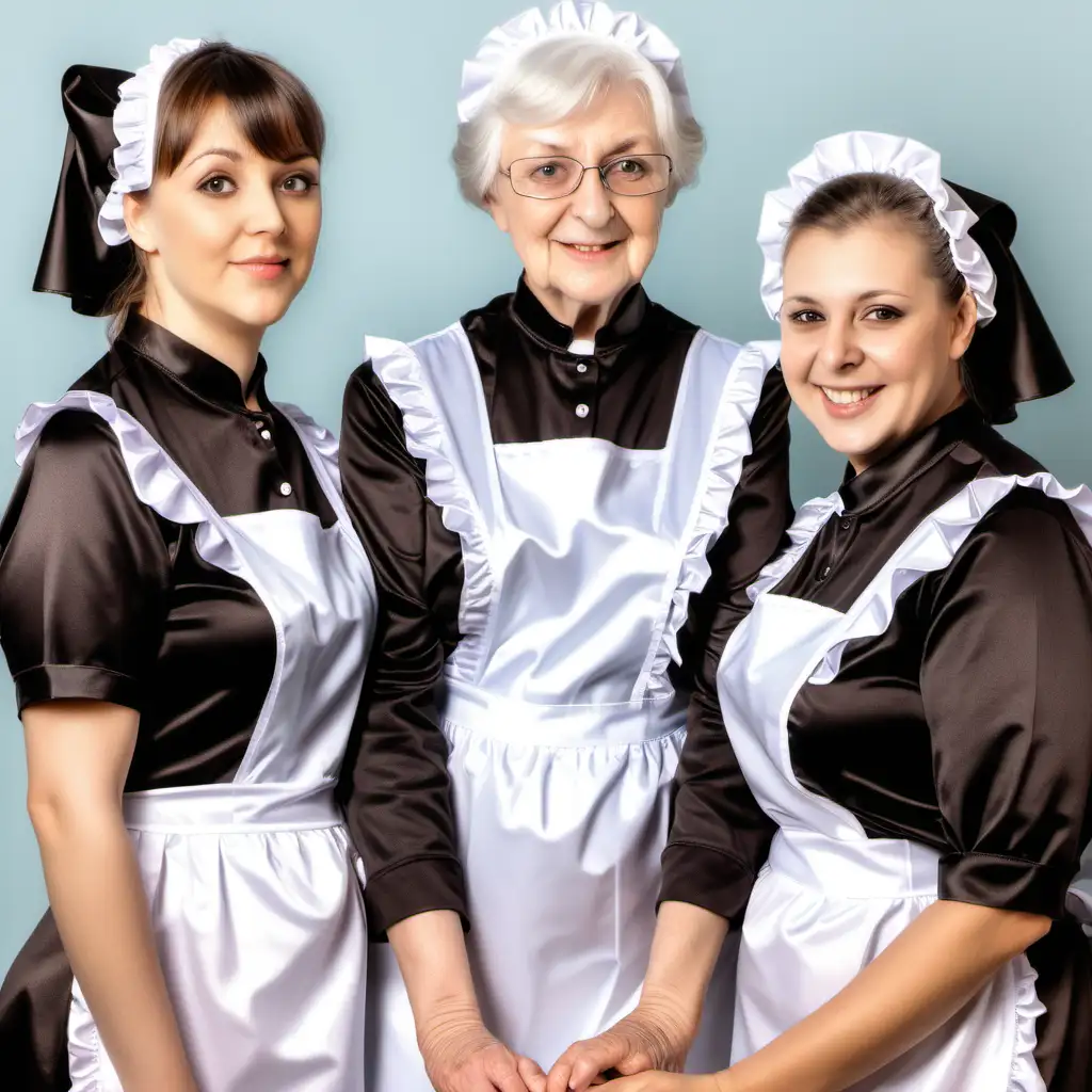 Charming Generations Little Girl and Grandmothers in Elegant Satin Maid Uniforms