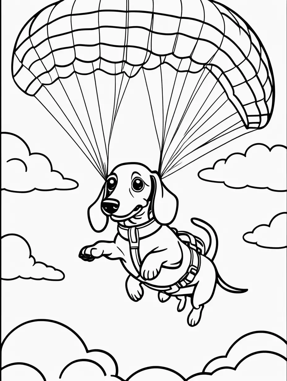 coloring book of dachshund skydiving, with thin lines, low detail, no shading
