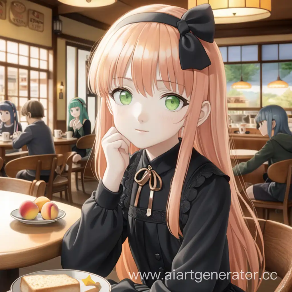 Аниме двенадцатилетняя бледно-зеленоглазая Девочка с  волосами цвета персика с осветленной челкой в черном платье с длинными рукавами и ободке сидит в кафе Японии 