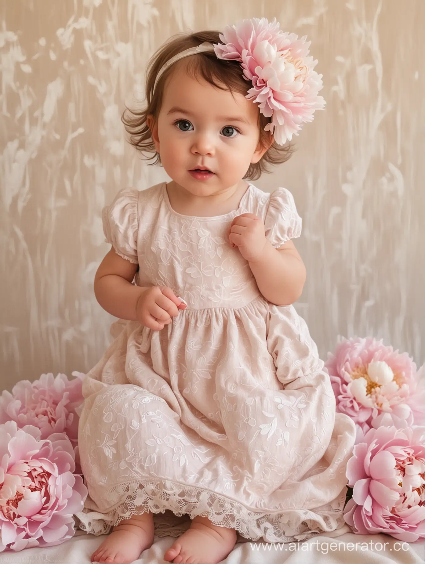 Adorable-OneYearOld-Girl-in-Fluffy-Pink-Lace-Dress-with-Peony-Floral-Background